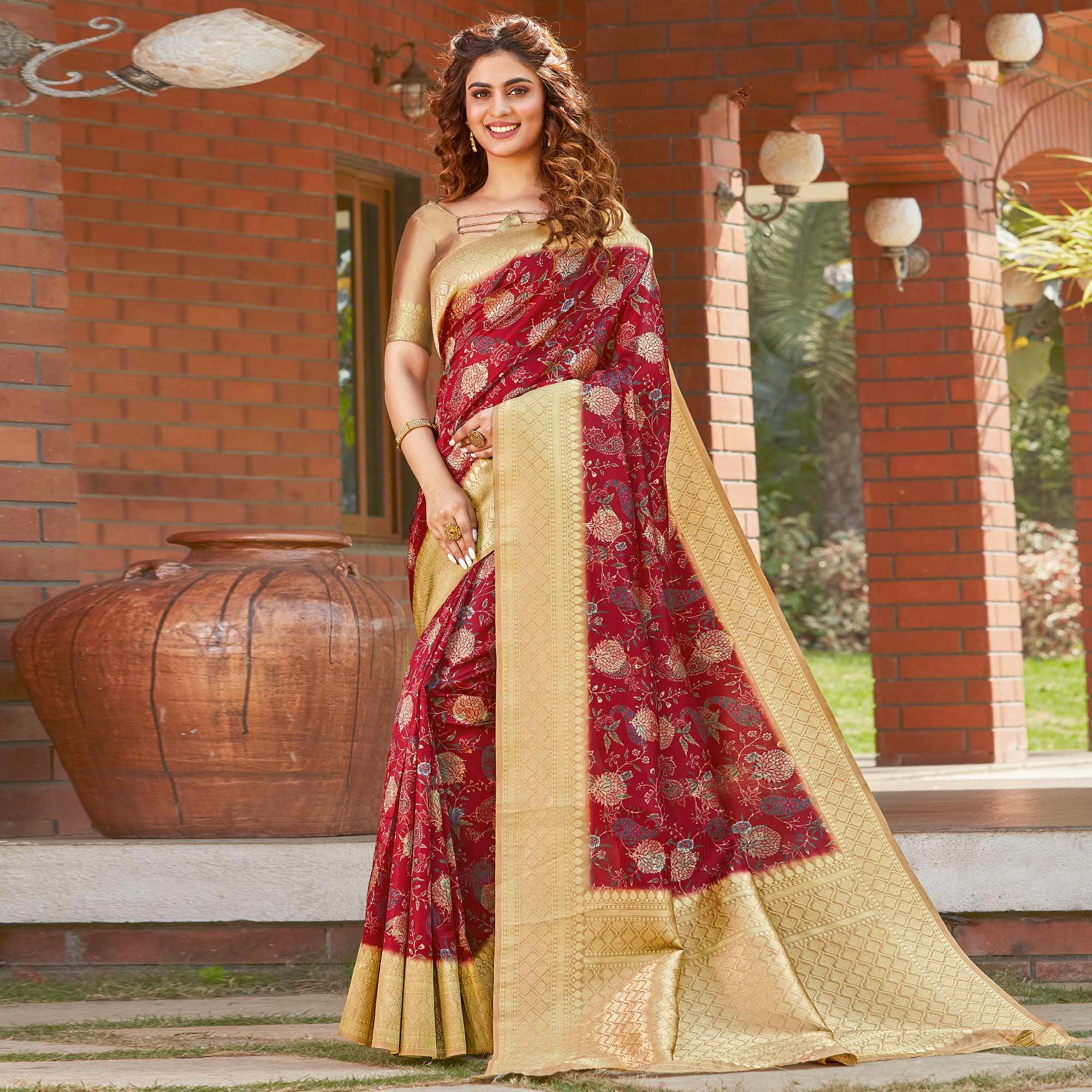 Peachmode Intricate Maroon Colored Festive Wear Floral Digital Printed Silk Saree