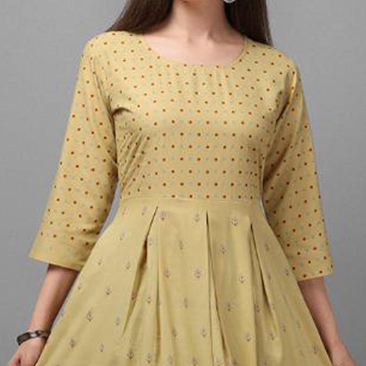 Peachmode Seller Marvellous Beige Coloured Casual Wear Printed Rayon Malai Kurti - view 2