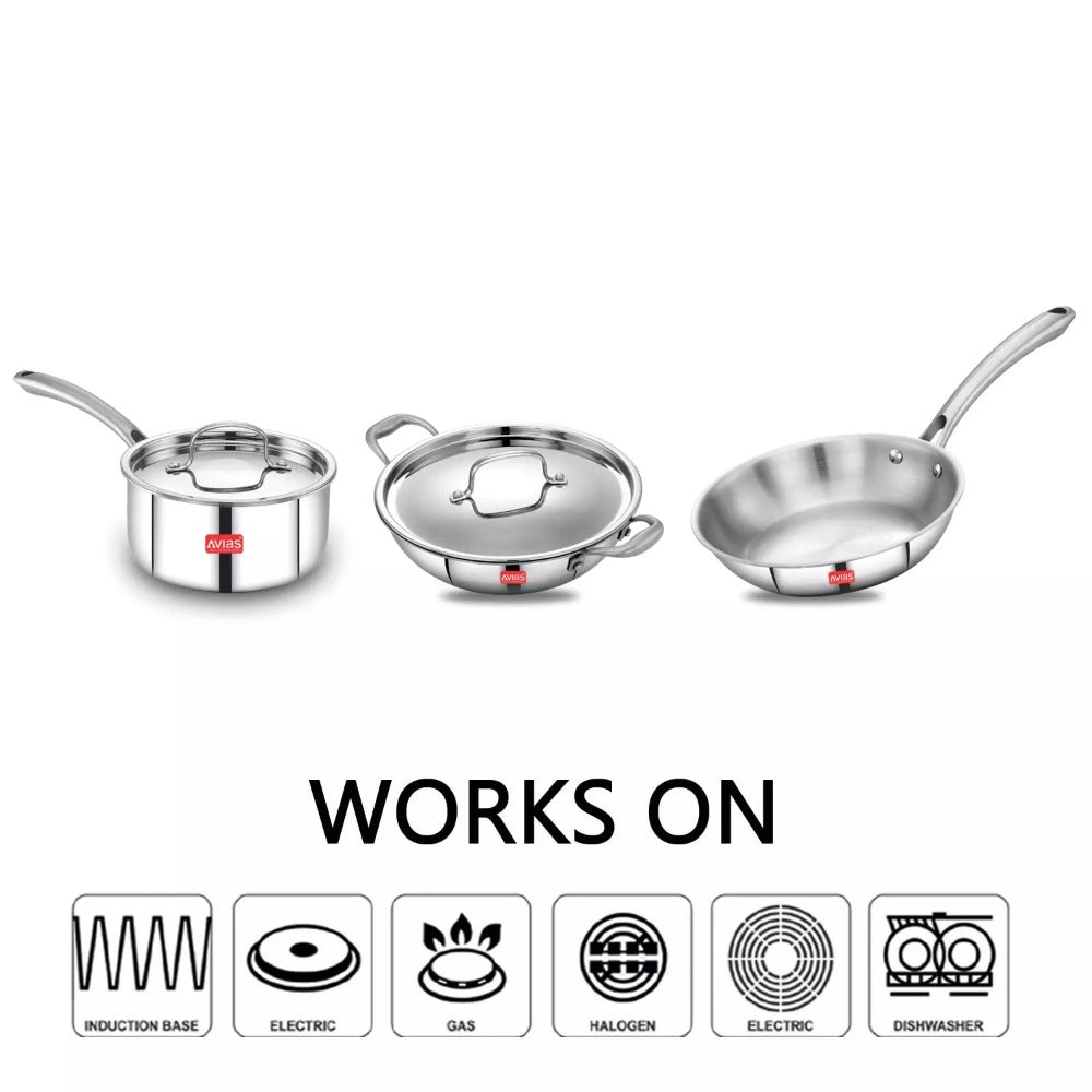 AVIAS Stainless steel Tri-Ply Riara (Kadai 22cm + Frypan 22cm + Saucepan 14cm) | Induction Compatible | Silver | Set of 3 Pcs - view 2