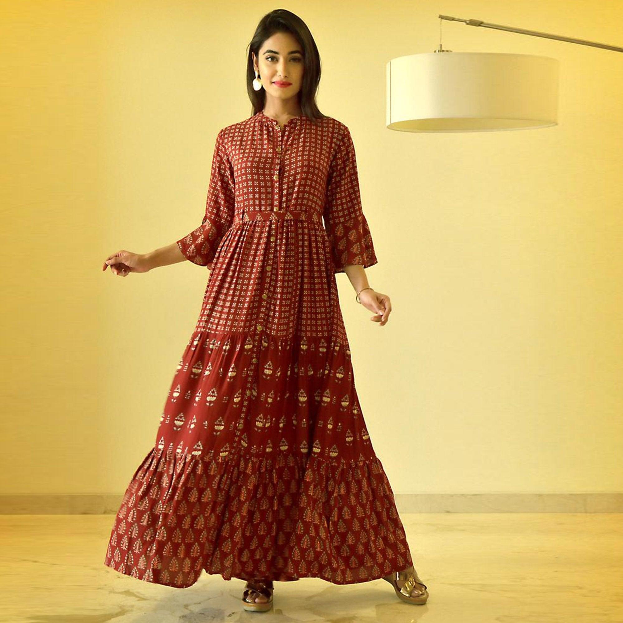 Peachmode Glorious Maroon Colored Casual Wear Cotton Long Kurti