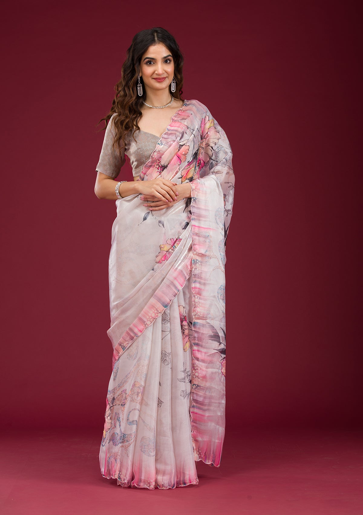 Koskii Cream Printed Tissue Saree – Women's - view 3