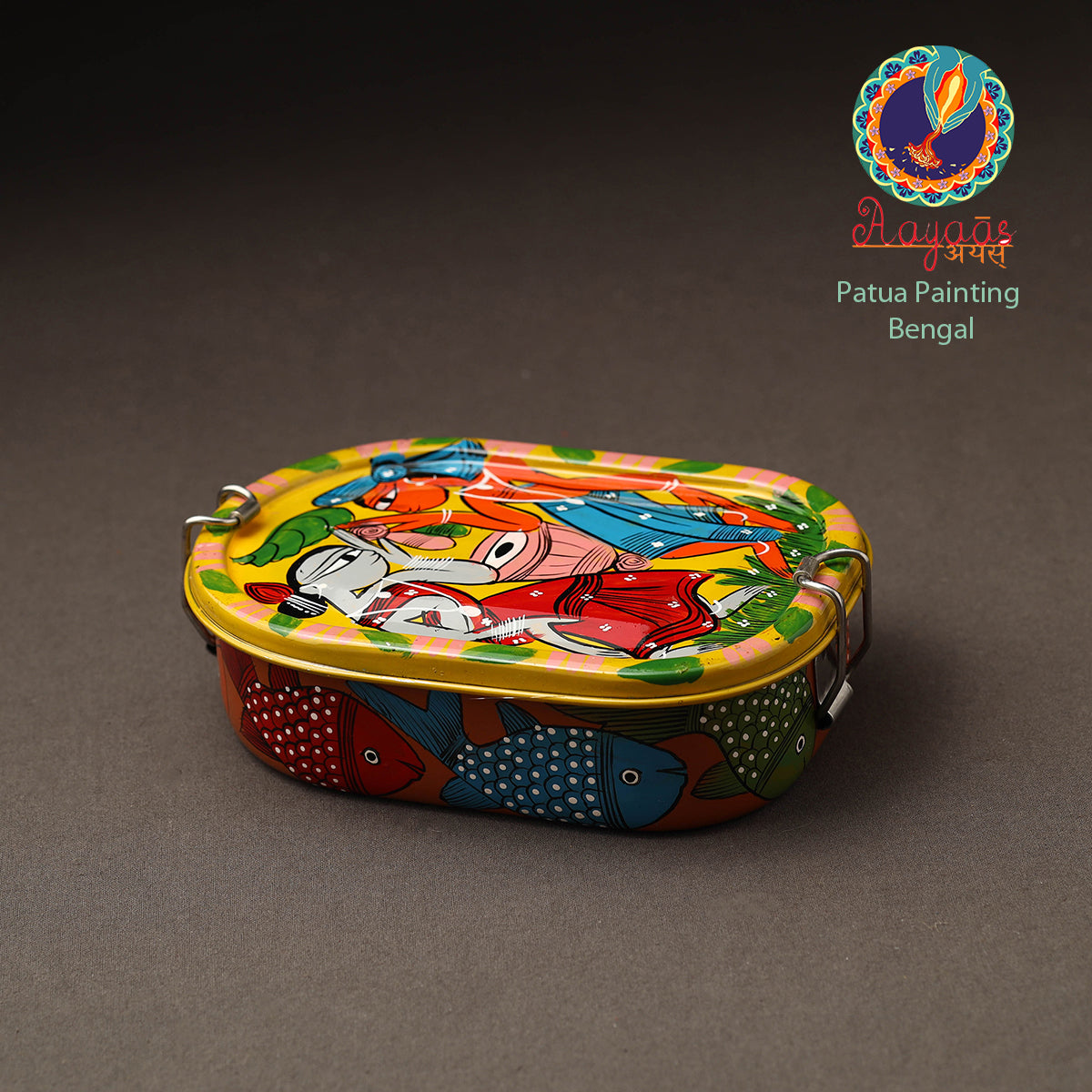 AAYAAS Bengal Patua Handpainted Stainless Steel Rectangle Lunch Box (6 x 4 in)