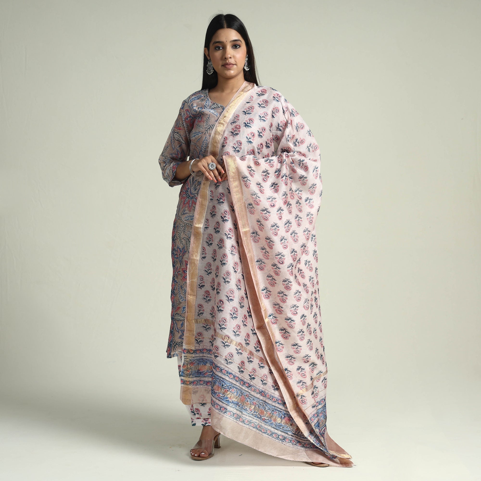 ITOKRI CASUALS Brown - Sanganeri Block Printed Maheshwari Silk Kurta with Palazzo & Dupatta Set