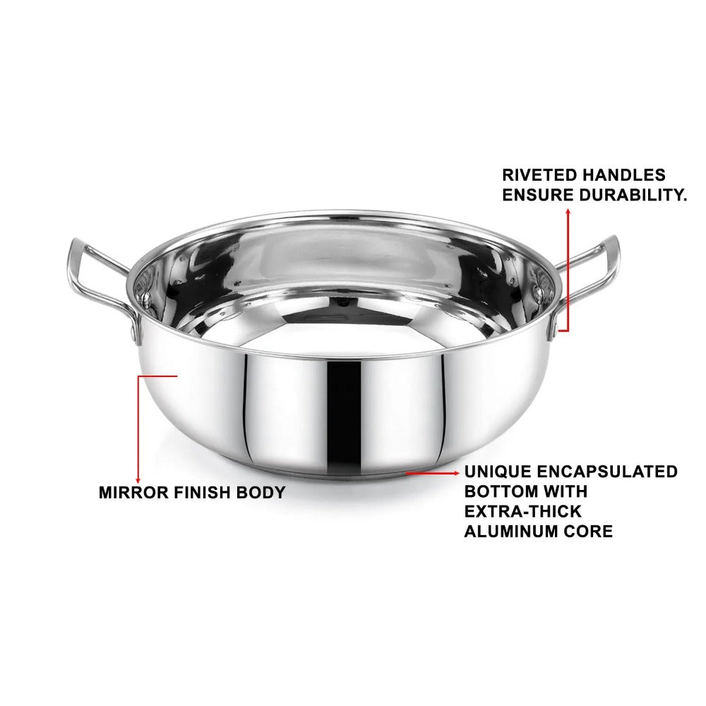AVIAS Platinox Stainless Steel Set (Belly 18cm + Kadhai 22cm + Frypan 22cm + Casserole 1000ML + 1500ML) | Induction Compatible | Silver | Set of 5 Pcs - view 7