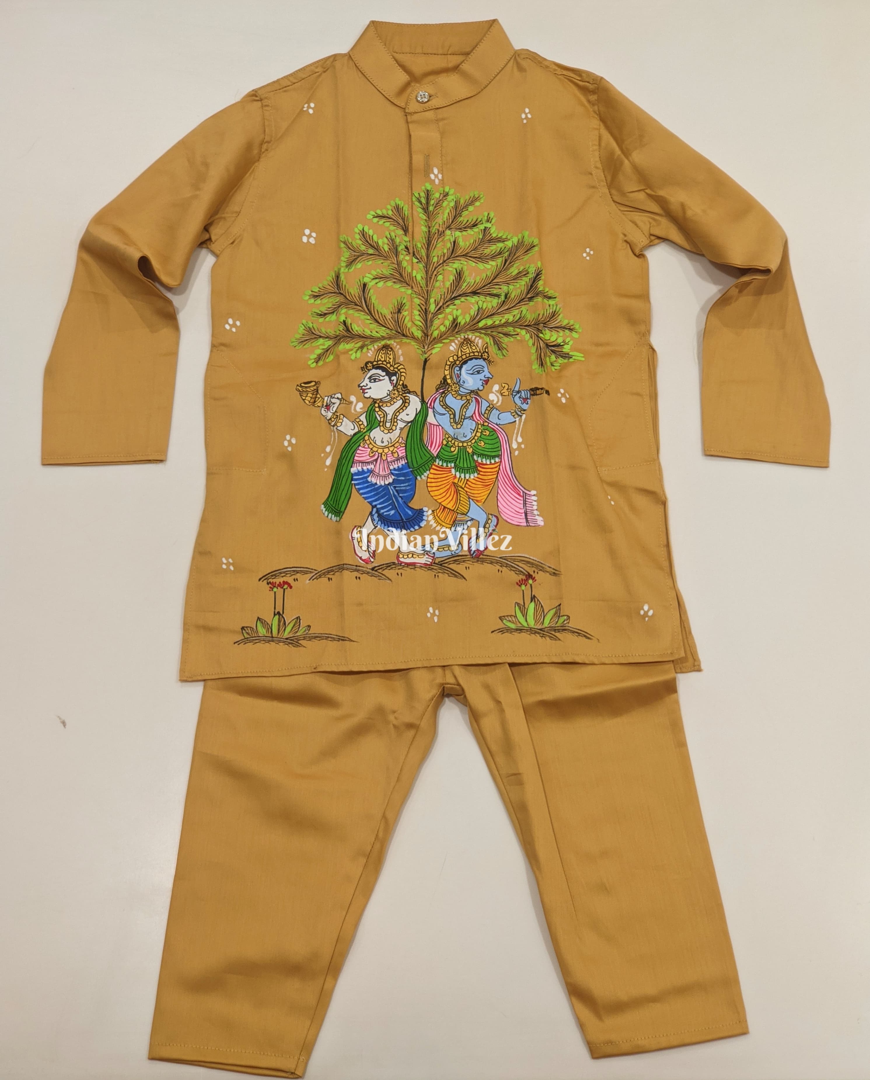IndianVillèz Saffron Yellow Boys Nartaki Theme Pattachitra Kids Kurta & Pyjama Set
