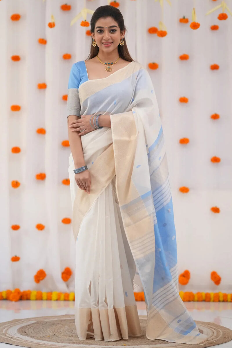 Aayna Resonant Beige Cotton Silk Saree With Gossamer Blouse Piece
