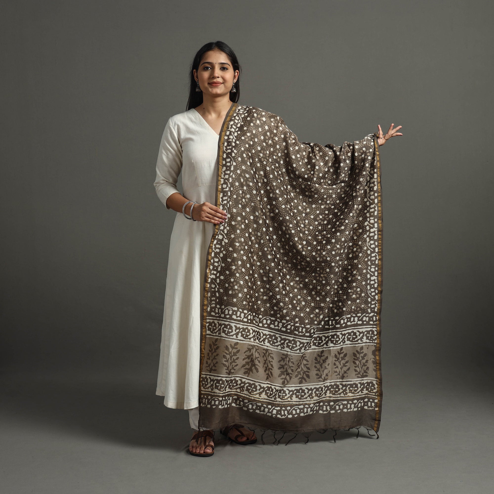 BAGRU DABU PRINTS Brown - Block Printed Chanderi Silk Bagru Dupatta 69