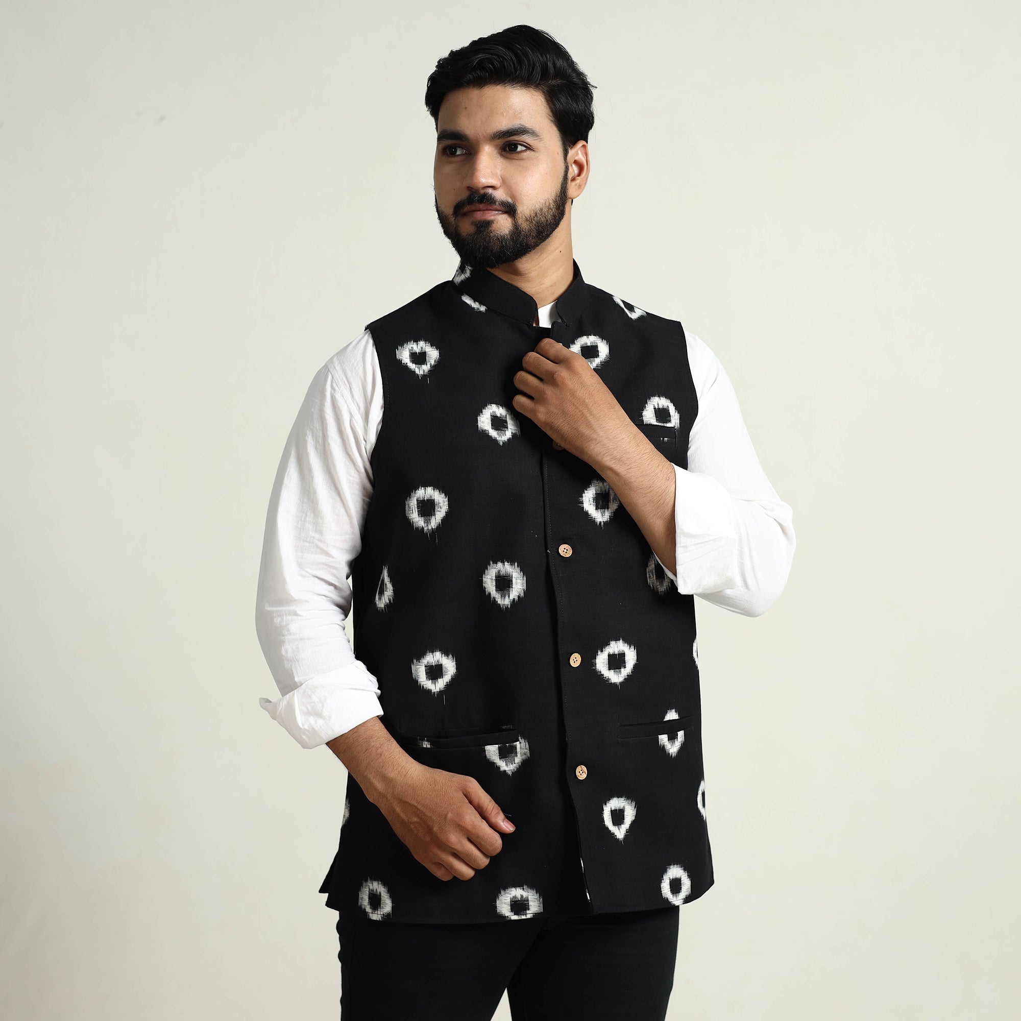 ITOKRI CASUALS Black - Pochampally Double Ikat Handloom Cotton Men Nehru Jacket 07 - view 3