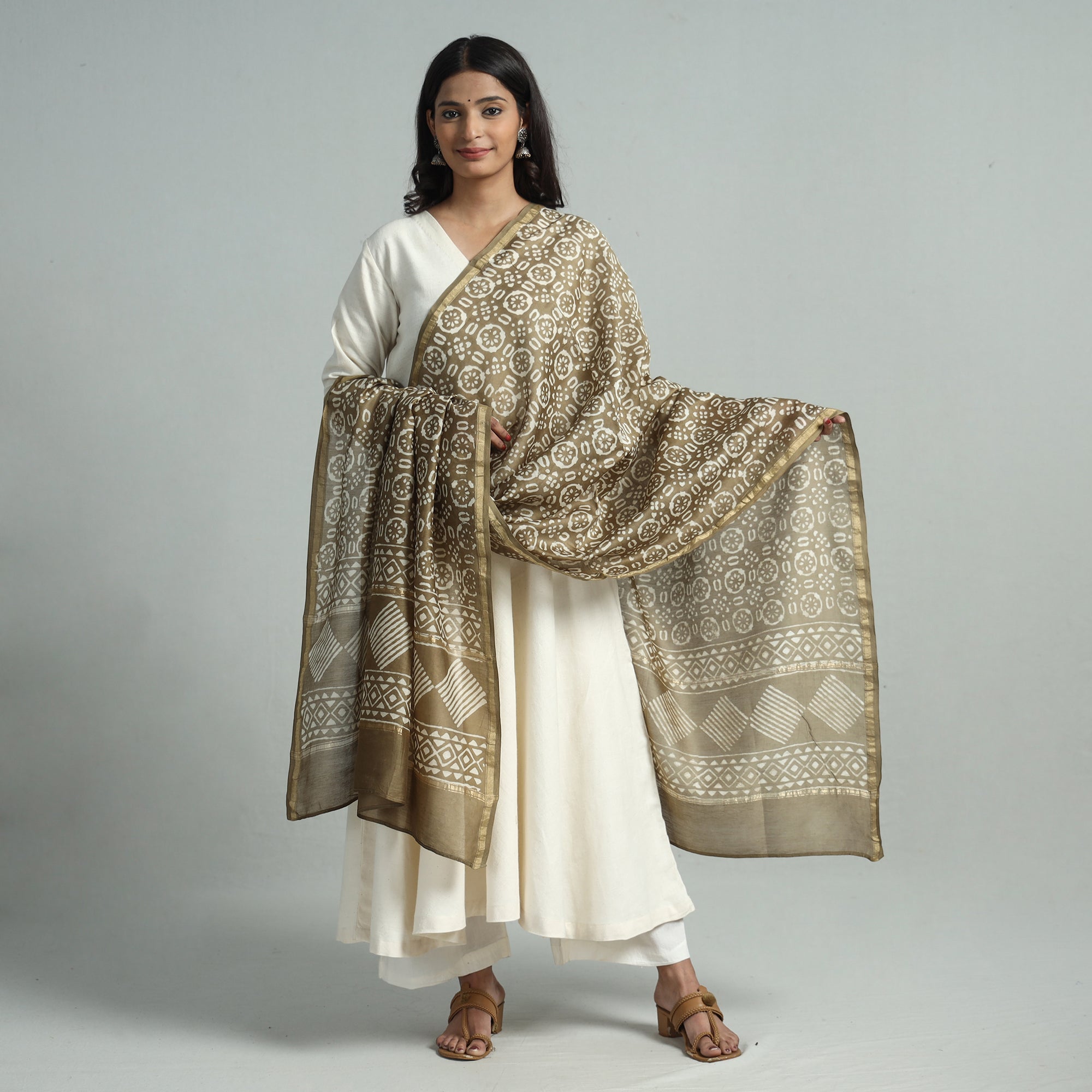 HAVELI CHRONICLES Brown - Pipad Block Printed Chanderi Silk Handloom Dupatta 10