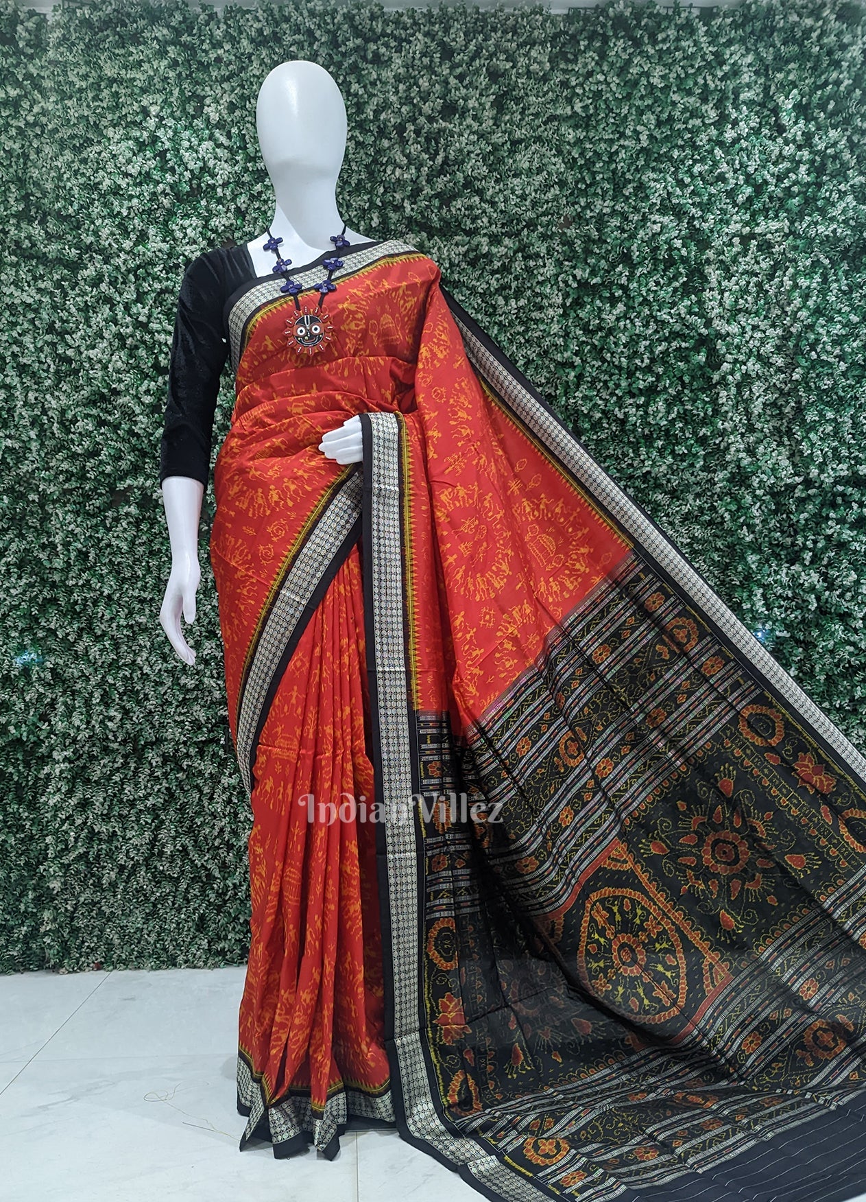 IndianVillèz Deep Red Black Tribal Theme Sambalpuri Silk Saree