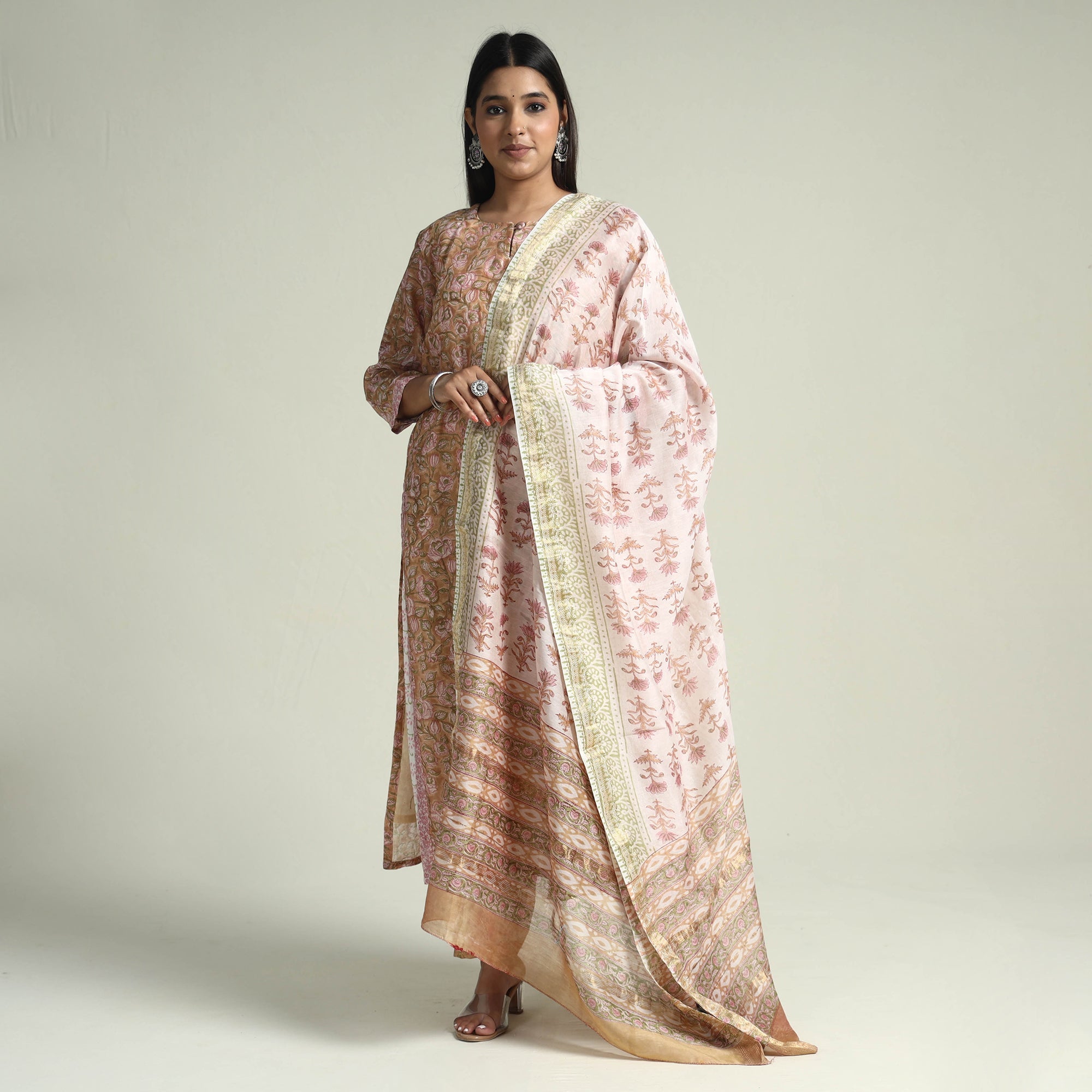 ITOKRI CASUALS Brown - - Sanganeri Block Printed Maheshwari Silk Kurta with Palazzo & Dupatta Set