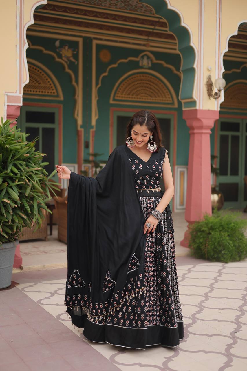 ClothsVilla Black Elegant Printed Rayon Lehenga Set with Gota Patti Lace and Kali Pattern - view 2