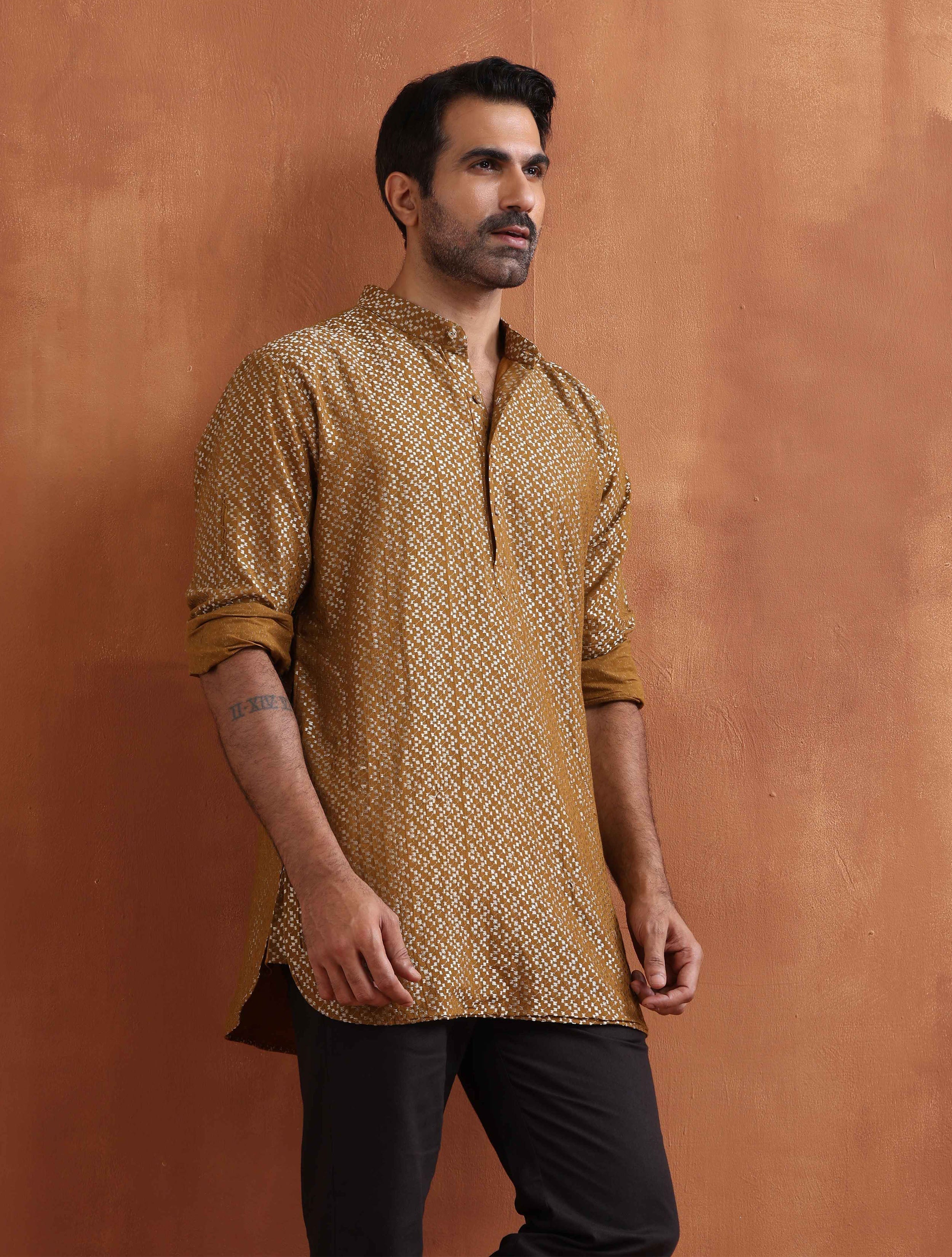 trueBrowns Men's Mustard Cotton Dobby Short Kurta - view 2