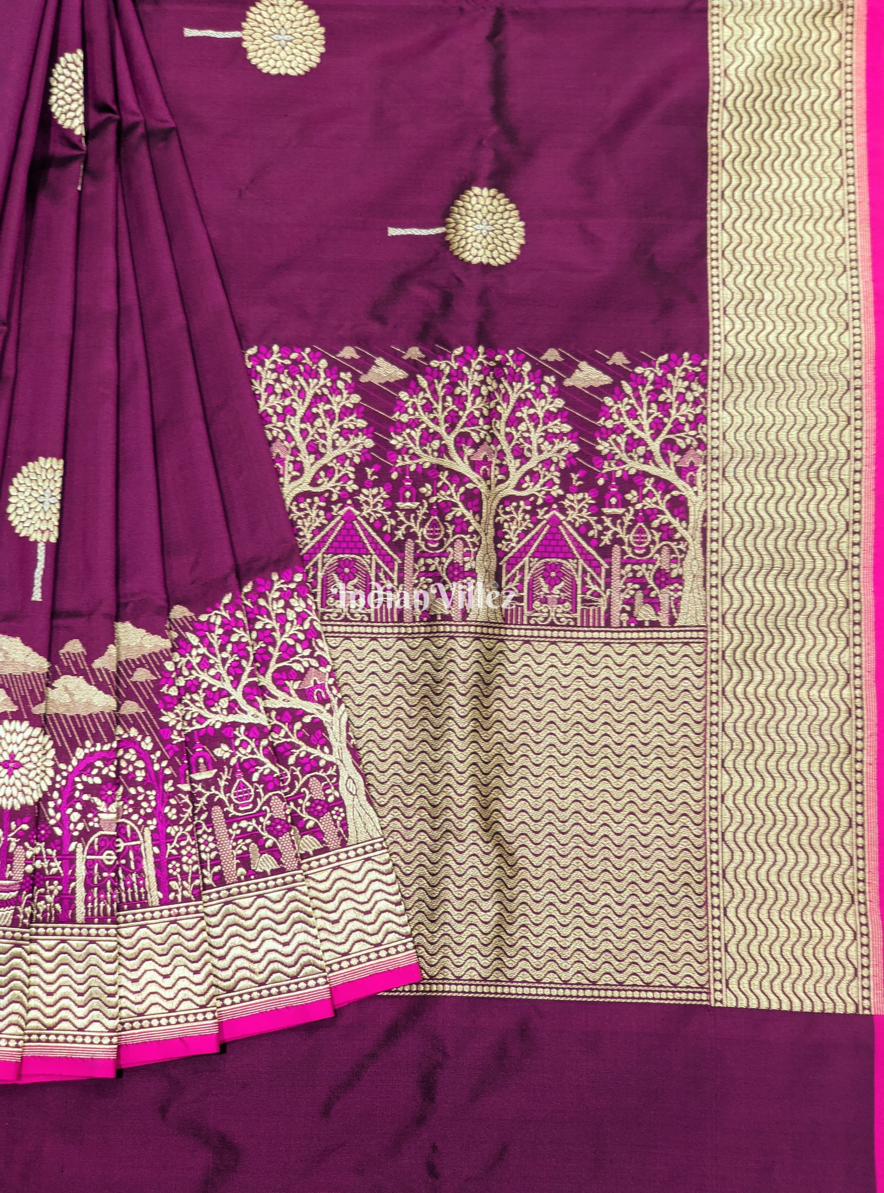 IndianVillèz Tyrian Purple Threadwork Banarasi Katan Silk Saree