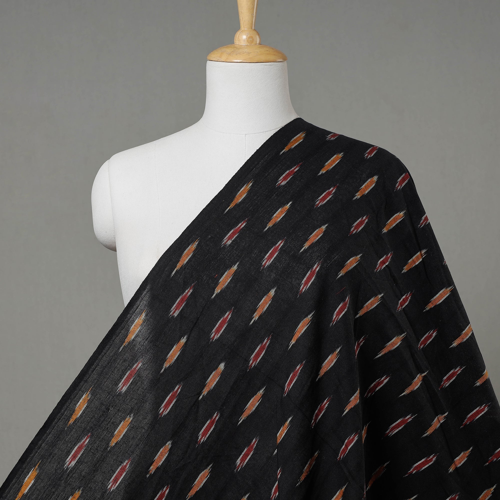 SOUTH KARGHA Black With Orange & Red Butta Pochampally Ikat Weave Cotton Fabric 04