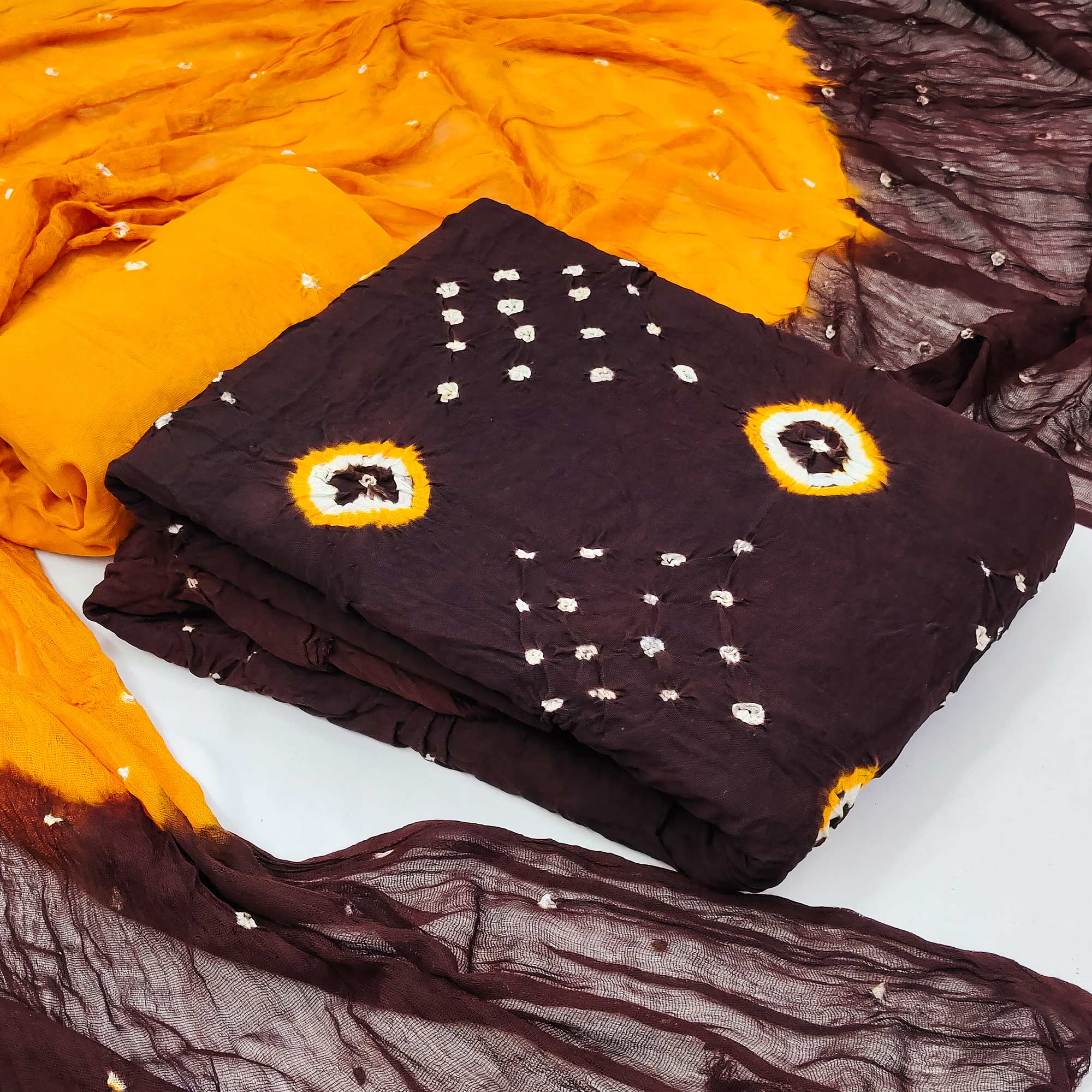 Peachmode Dark Brown Tie & Dye Printed Rayon Dress Material