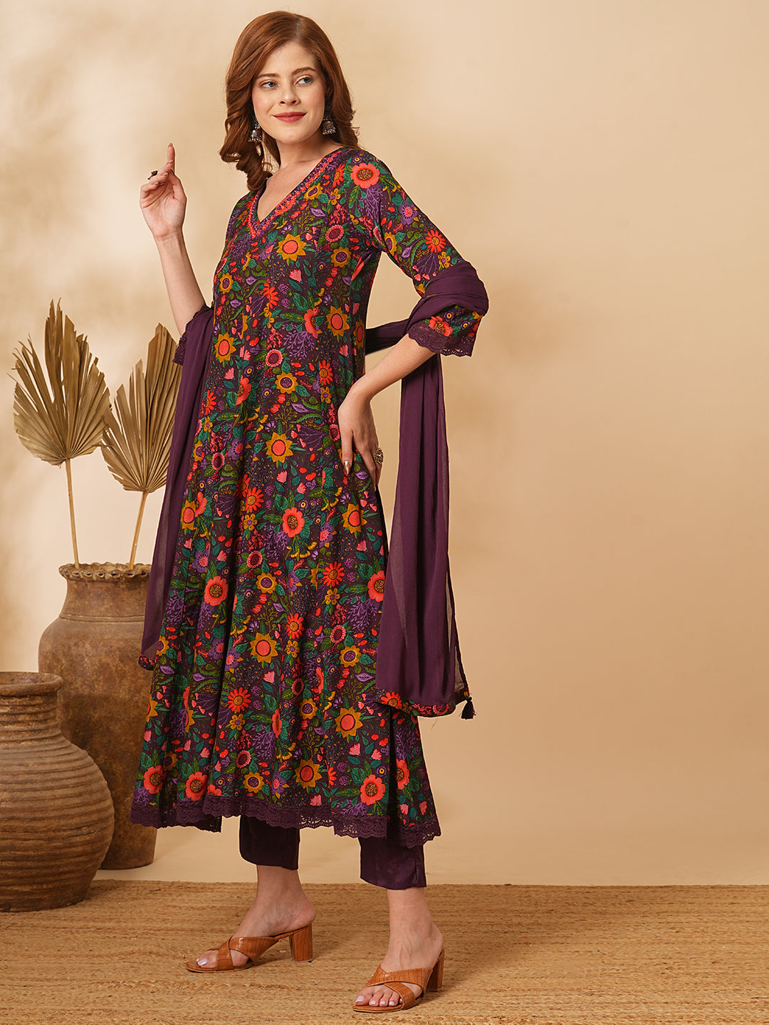 Fashor Floral Printed Mirror Embroidered Anarkali with Pant & Dupatta - Purple - view 4