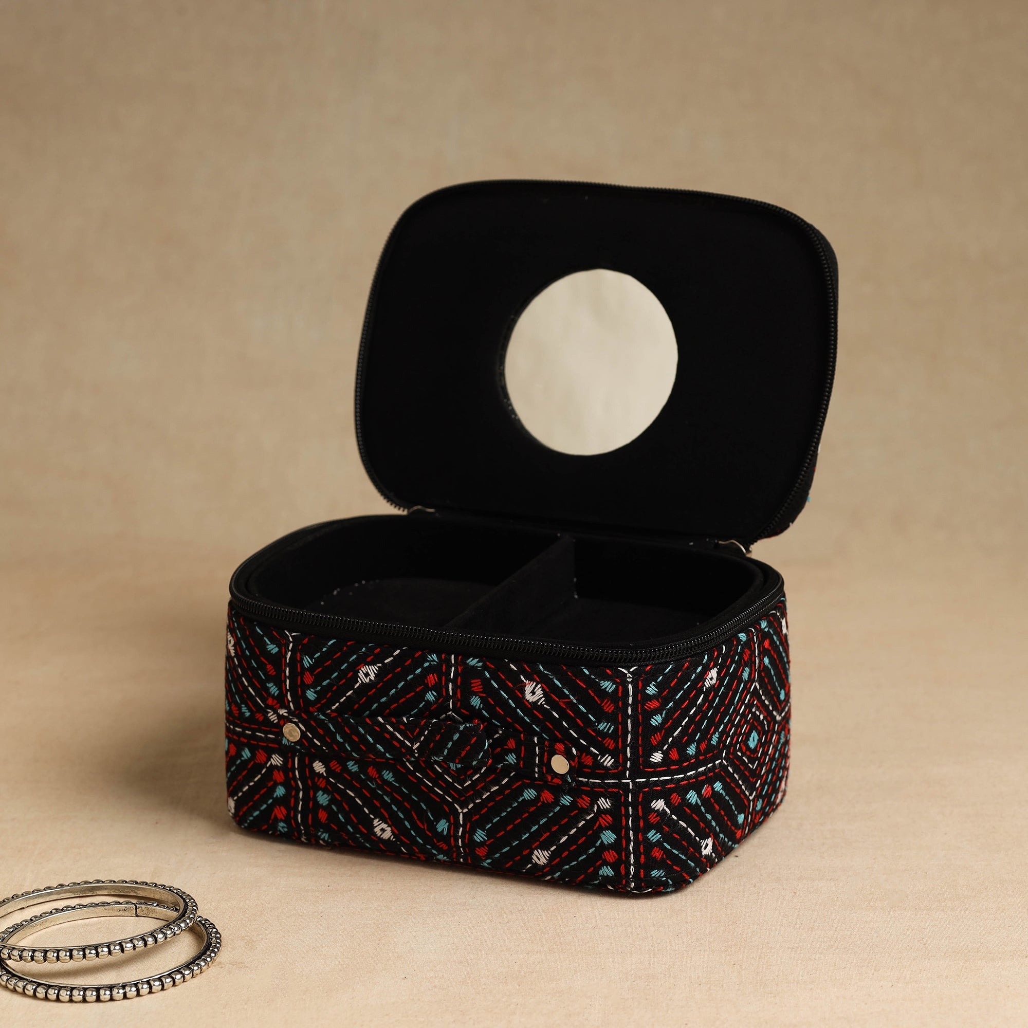 ASALKAAR Black - Bengal Kantha Work Handcrafted Jewelry Box with Mirror 11 - view 2