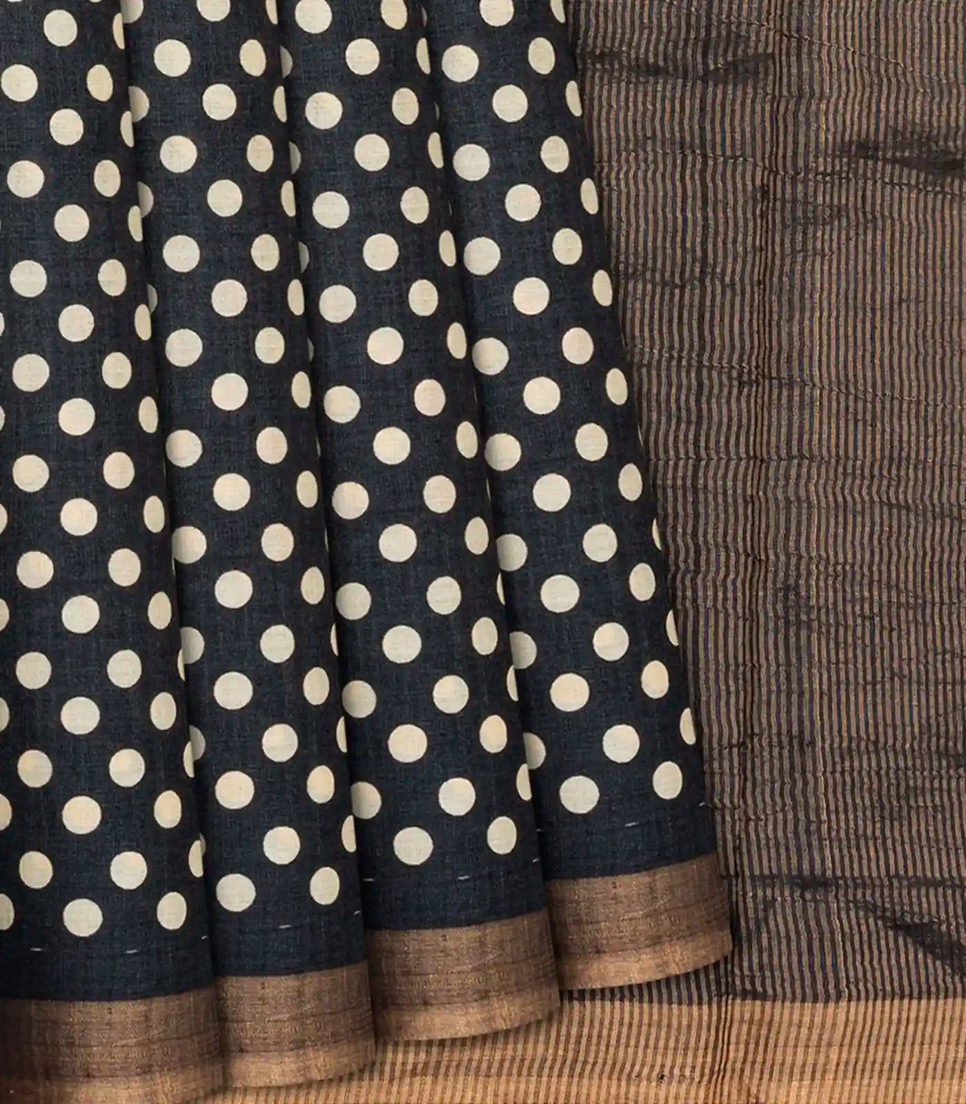RmKV Black Handloom Kanchipuram Tussar Silk Saree With Printed Polka Dots-Black