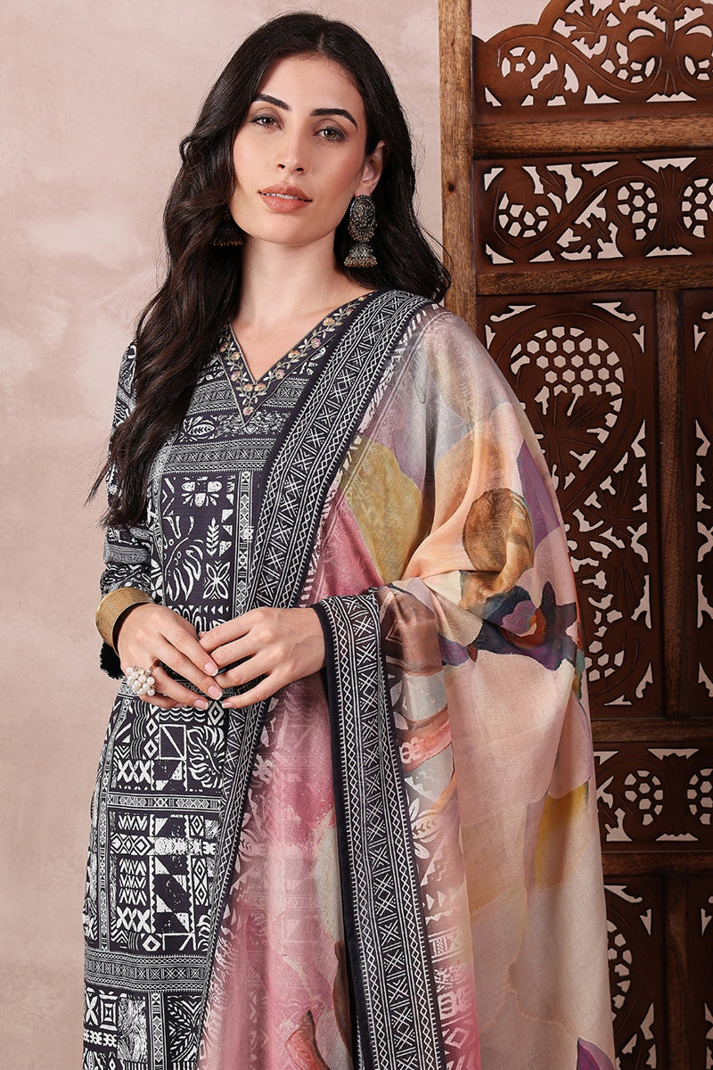 Ahika Black Rayon Blend Geometric Printed Straight Trouser Bottom Suit Set PKSKD2542BLK - view 3