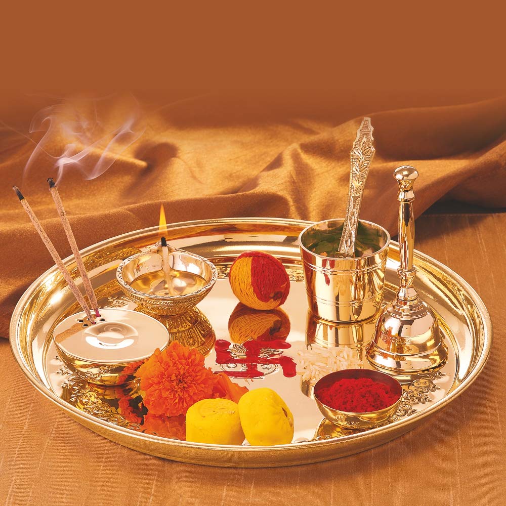 Borosil Brass Puja Thali Set | Aarti Thali for Mandir | Pooja Thali with Diya, Aggarbati Stand, Spoon, Glass, Bowl, and Bell | Decorative Puja Plate |