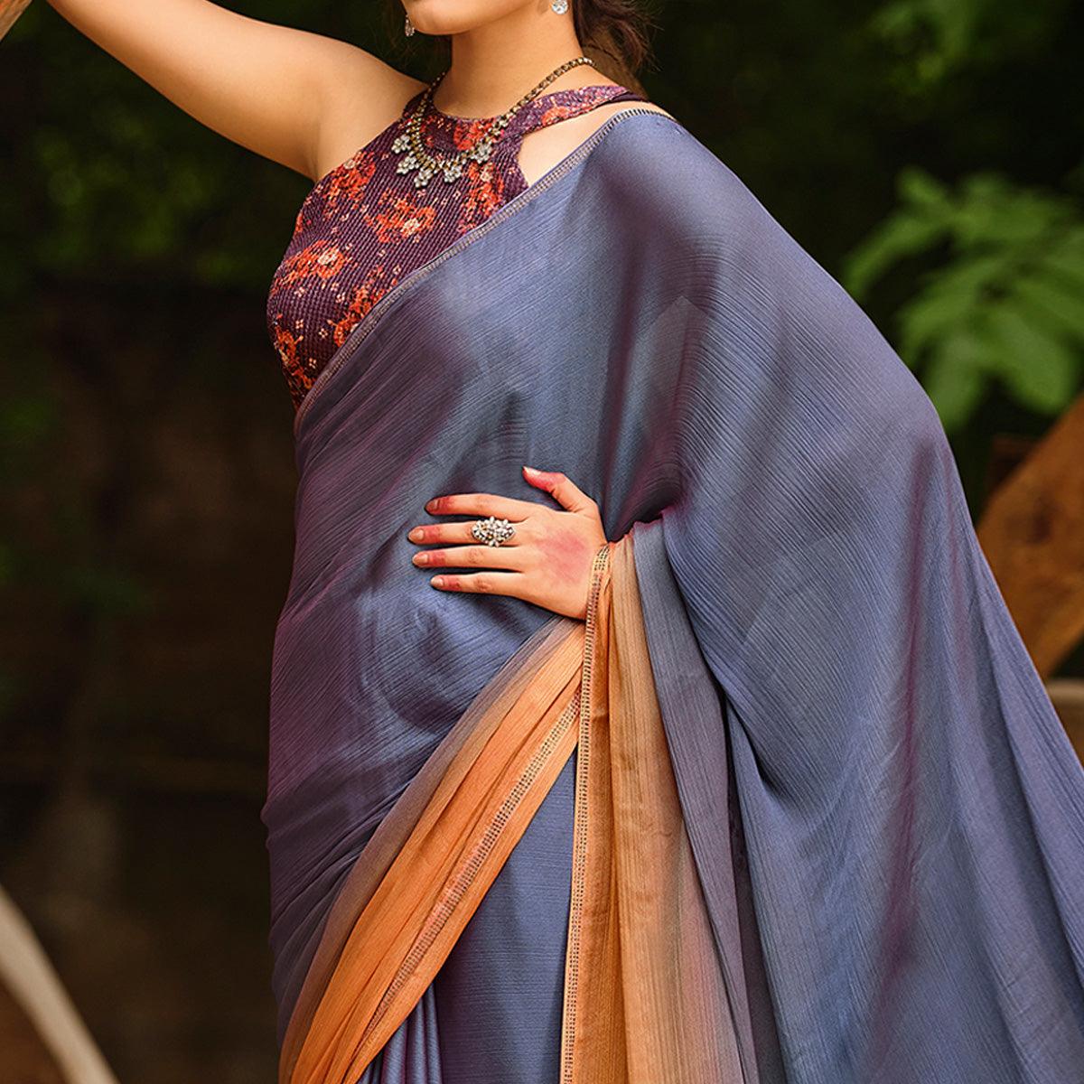 Peachmode Grey Solid Chiffon Saree – Women's - view 2