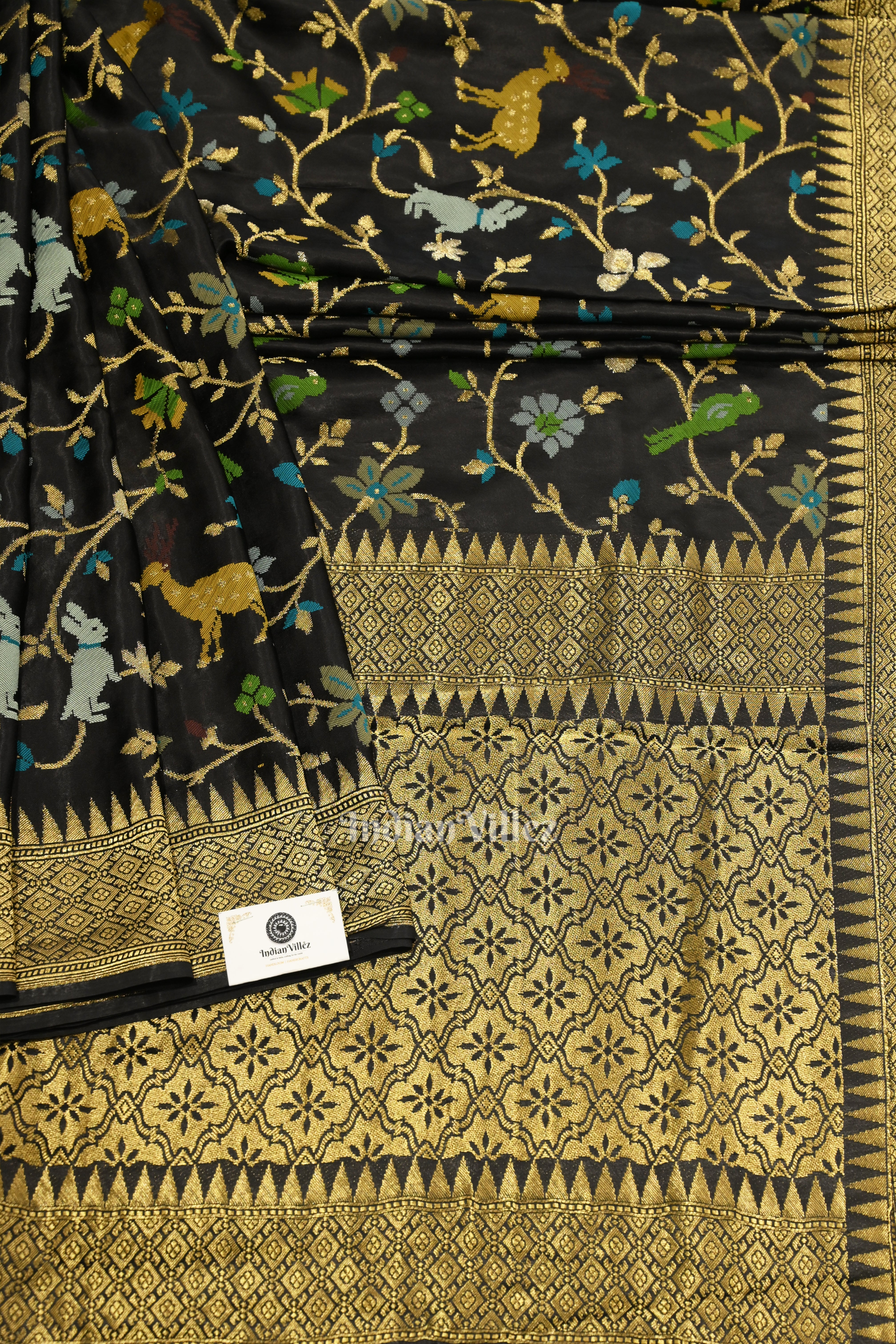 IndianVillèz Black with Golden Border Tussar Khaddi Georgette Banarasi Saree