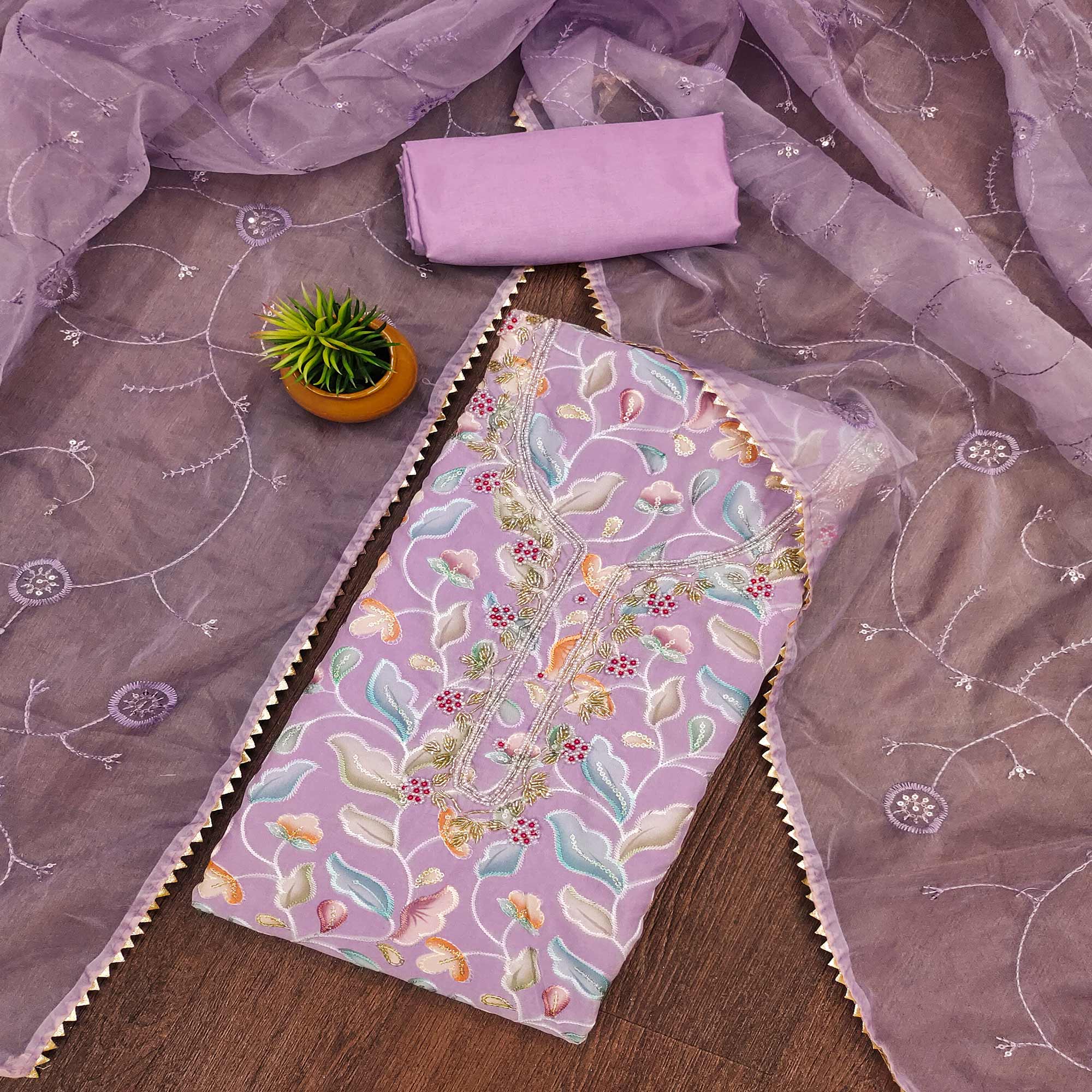 Peachmode Light Purple Floral Printed With Hand Embroidered Organza Dress Material