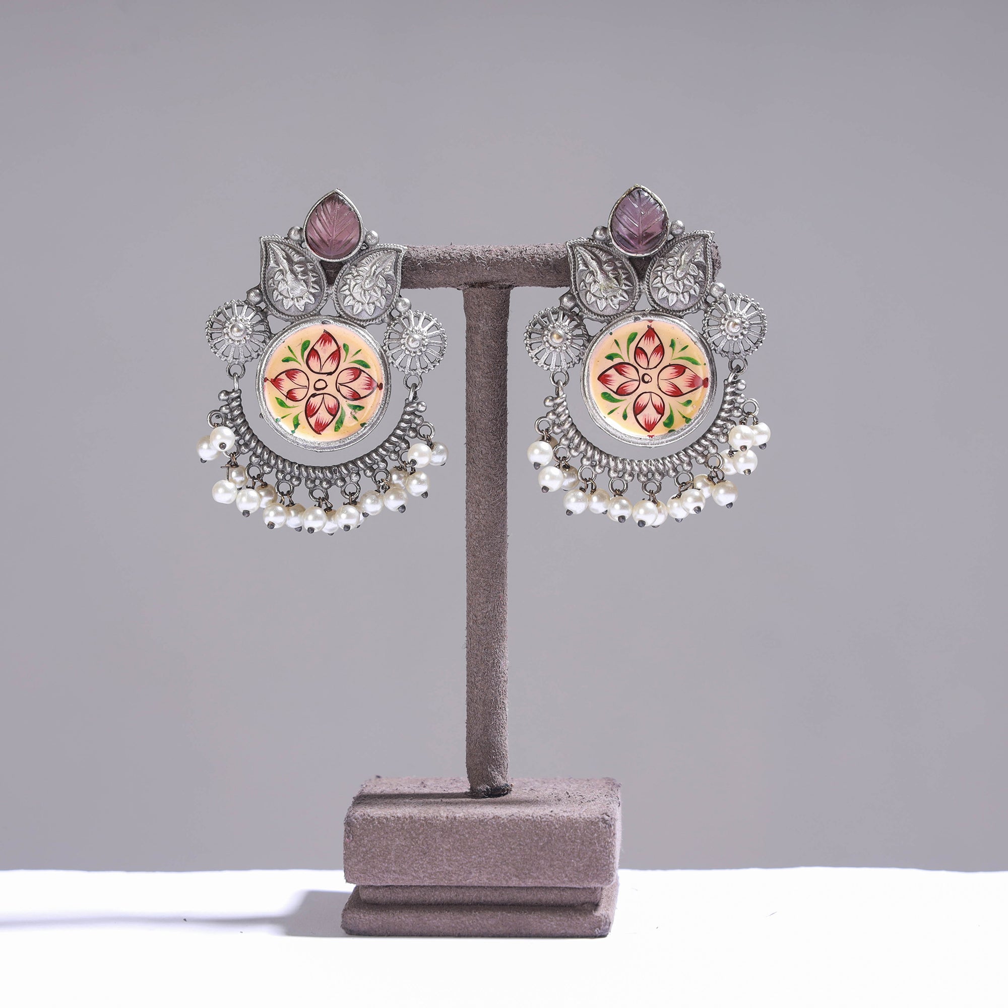 WHITE RIVER STORIES Antique Silver Finish Oxidised Brass Base Enamel & Stone Work Earrings