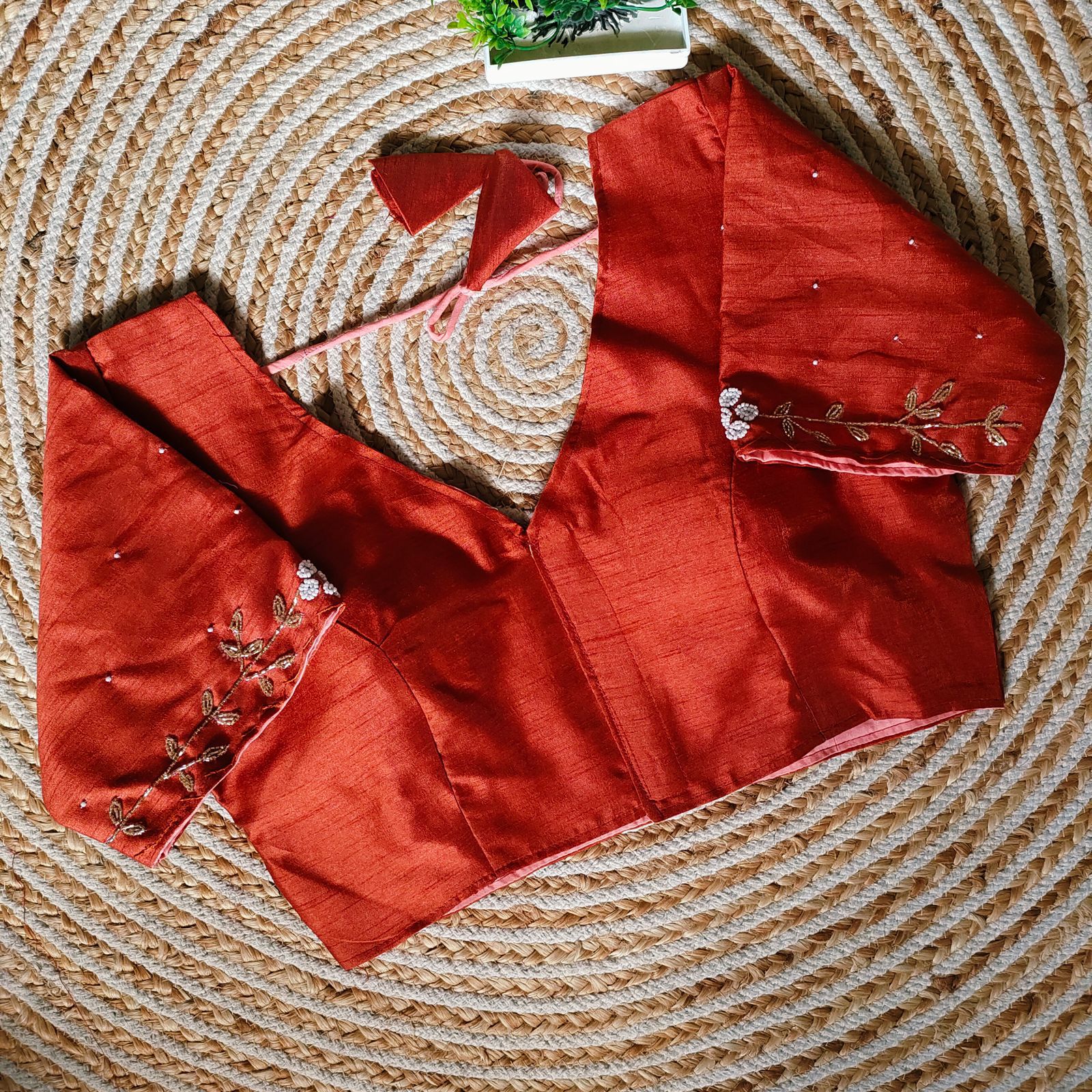 ClothsVilla Orange Festival Wear Blouse in Assami Silk with Handcrafted Golden and Pearl Work