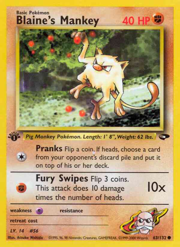 1st edition gym2-63 – Pokémon Blaine's Mankey - 63/132 - Common - 1st Edition [gym2-63] [Non-Holo]