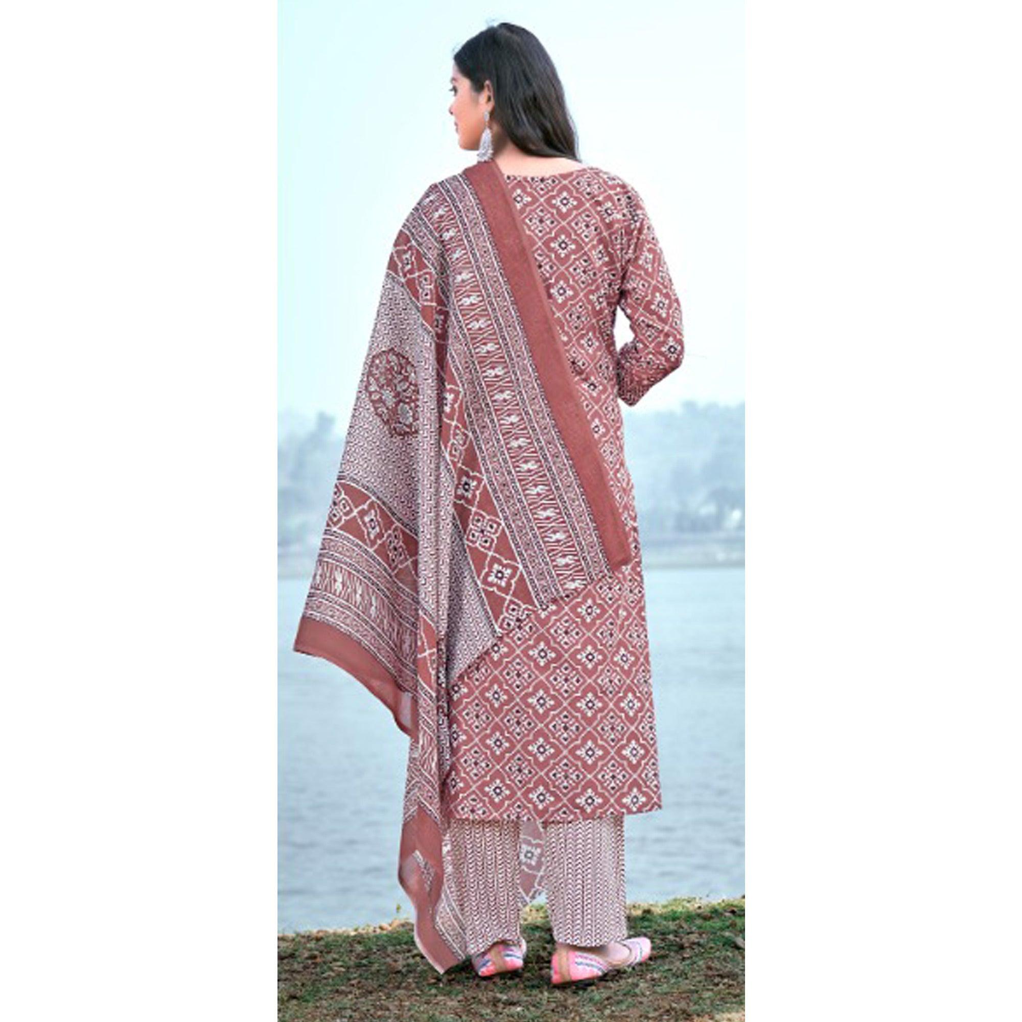Peachmode Brown Floral Printed Pure Cotton Kurti Pant Set With Dupatta - view 4