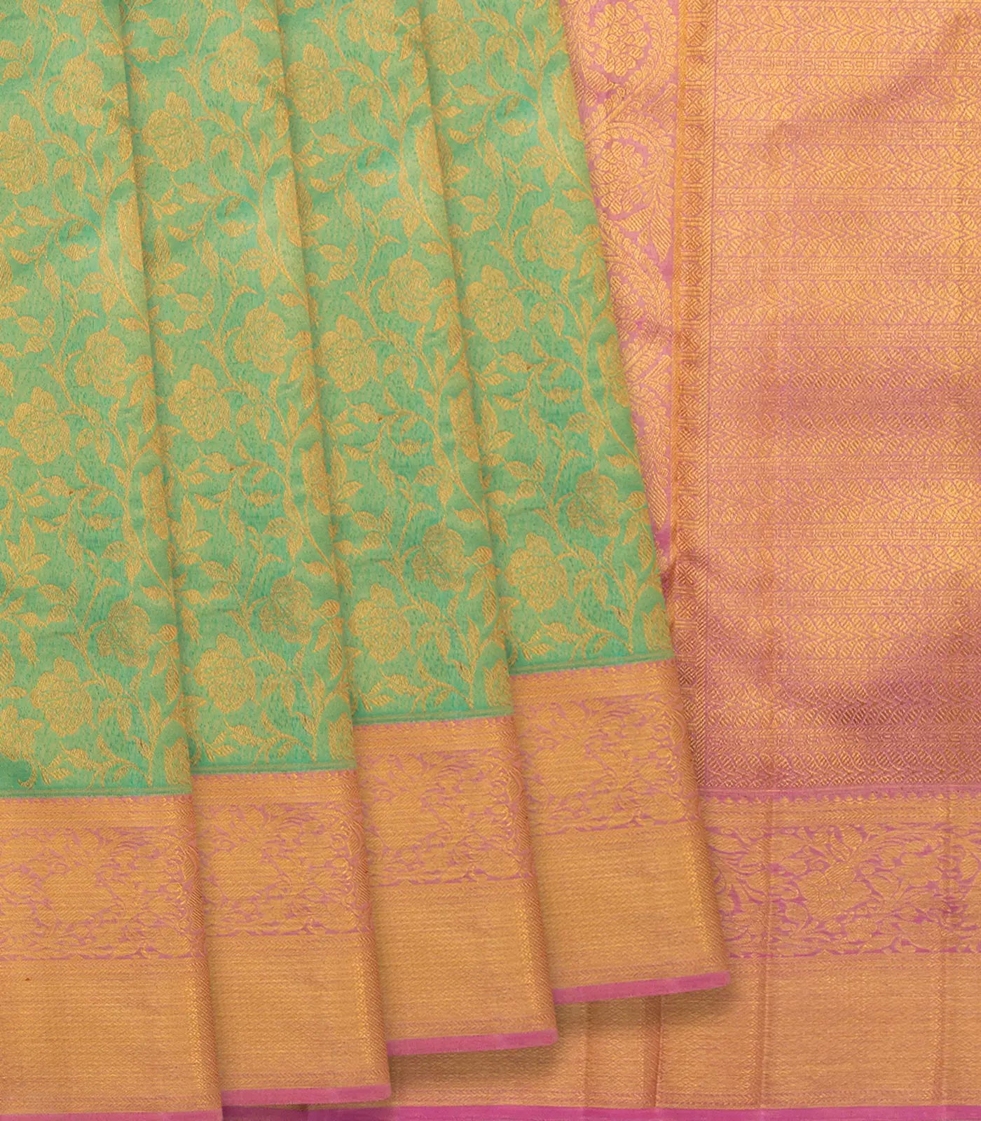 RmKV Aquamarine Handwoven Kanchipuram Korvai Tissue Silk Saree With Floral Vine Motifs & Contrast Pink Border, Pallu-Aquamarine