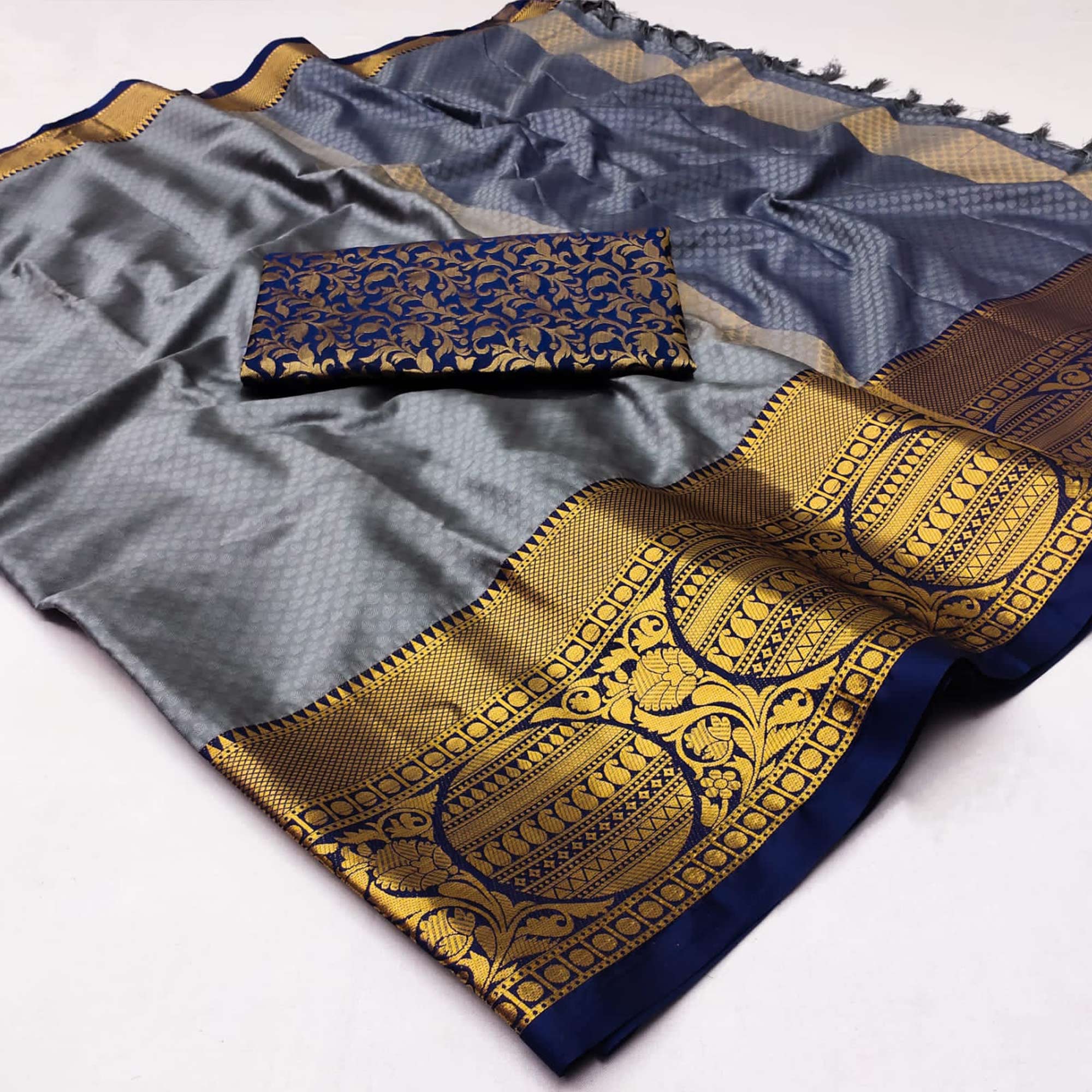 Peachmode Grey Woven Cotton Silk Saree With Tassels