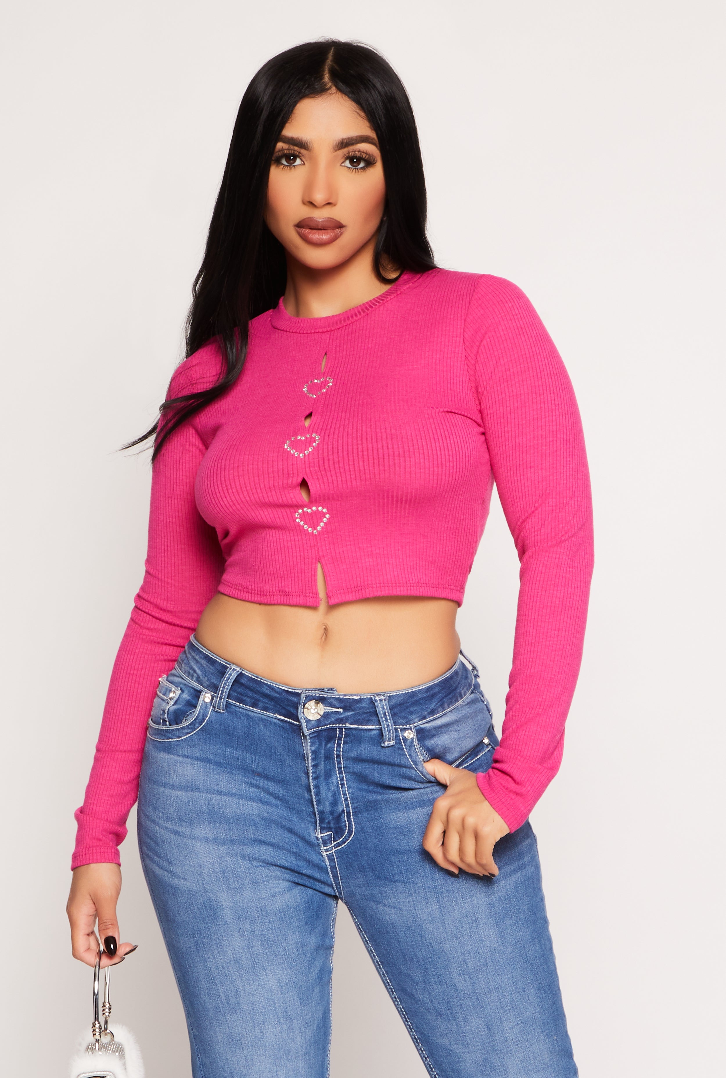 Rainbow Shops Rhinestone Heart Cut Out Crop Top
