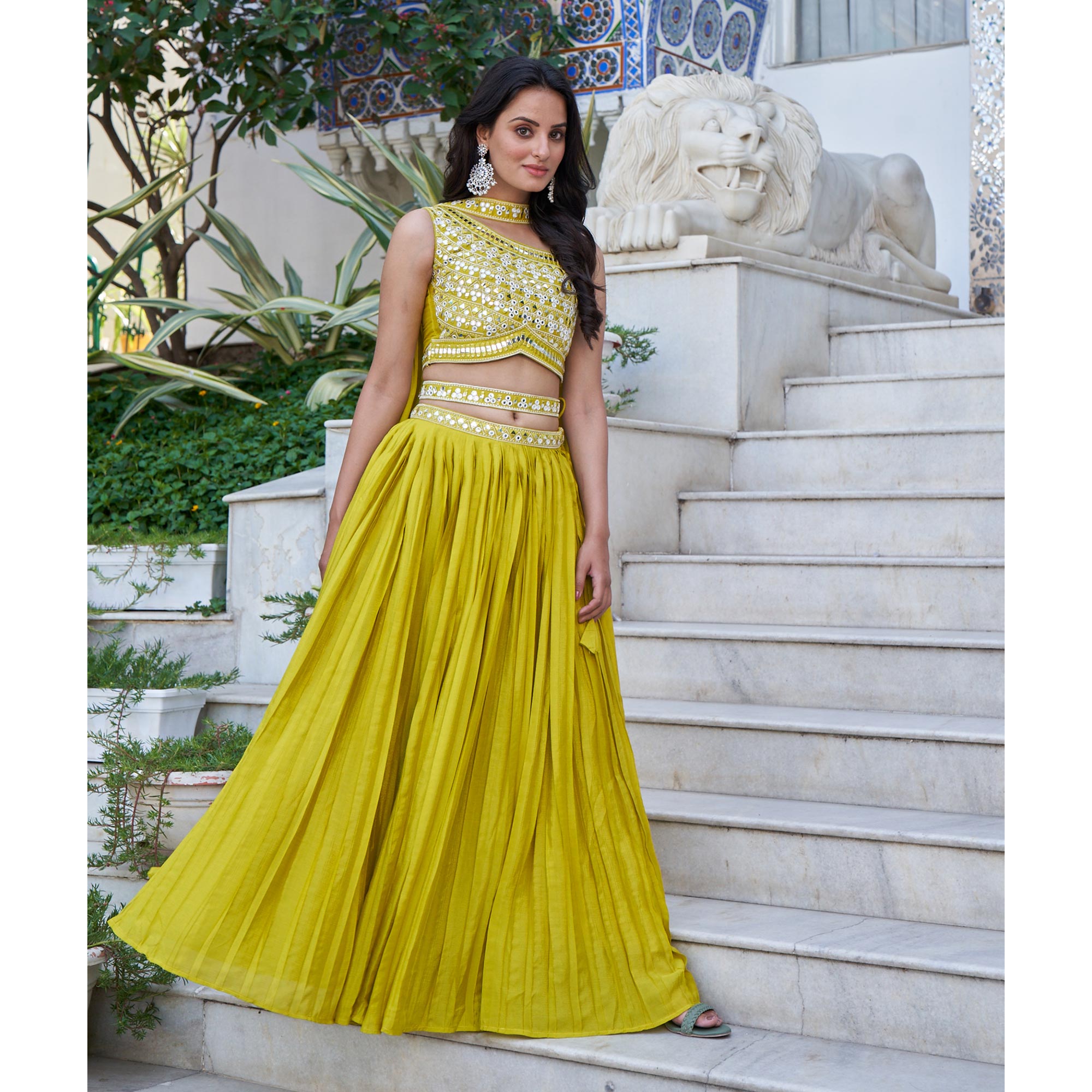 Peachmode Seller Lemon Green Embroidered Chiffon Plated Lehenga Choli - view 4