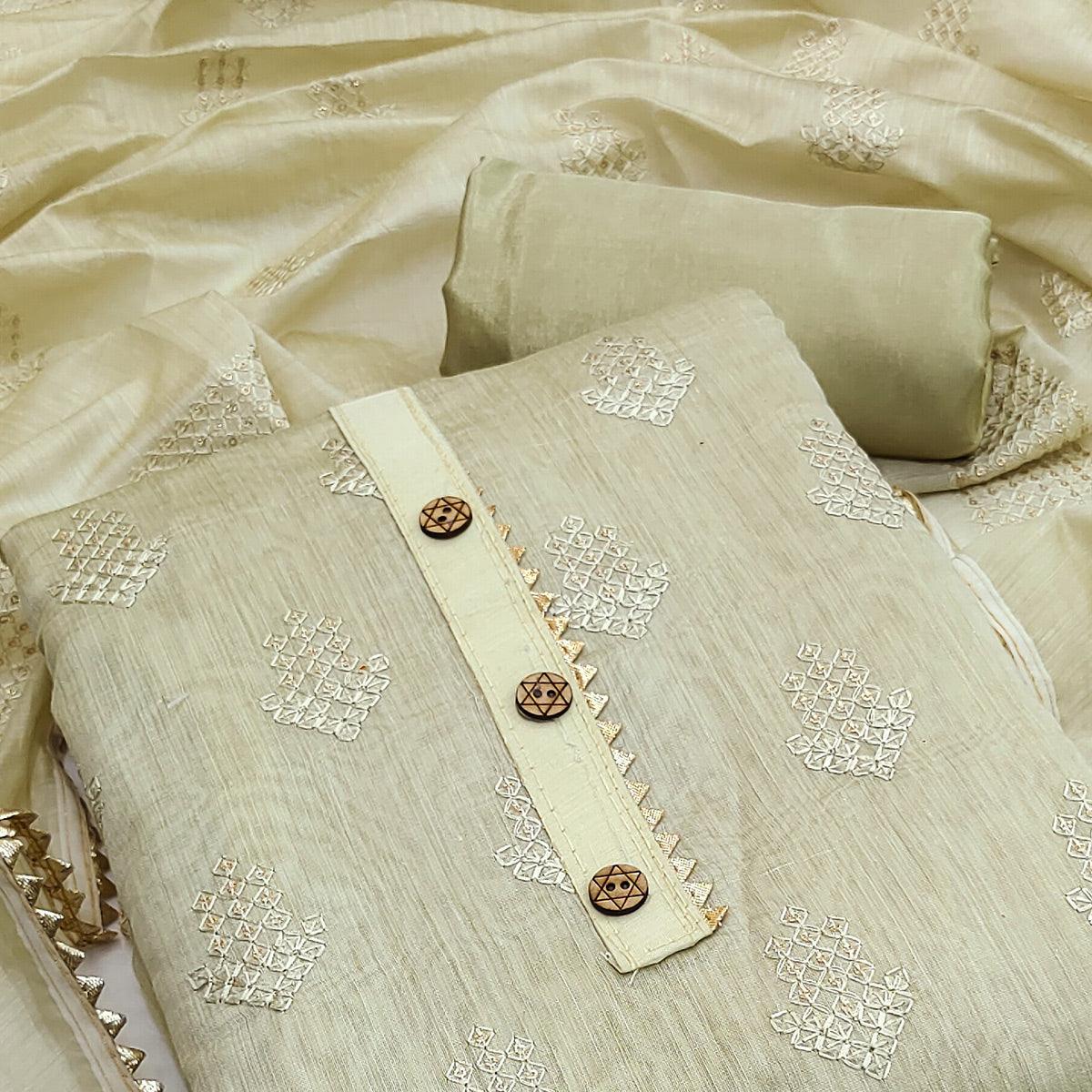 Peachmode Cream Sequins Embroidered Chanderi Dress Material - view 3
