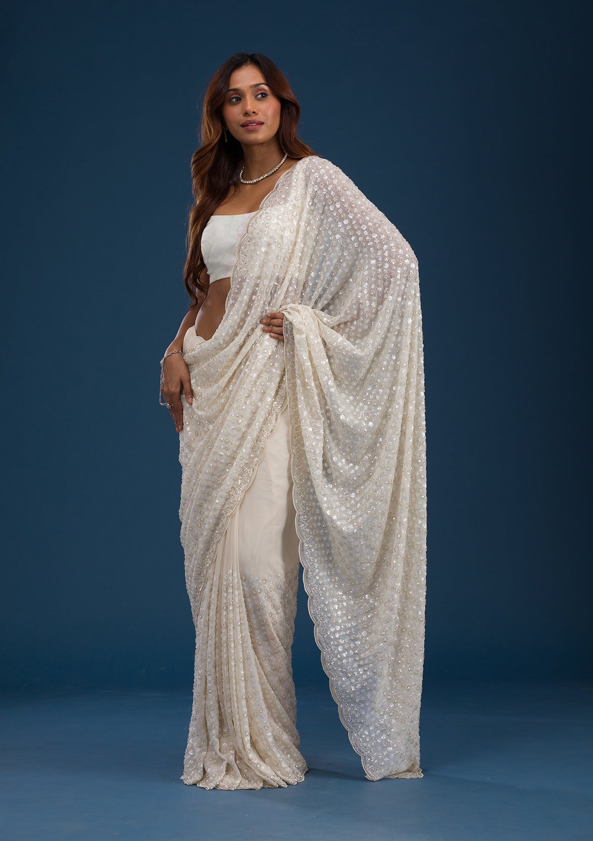 Koskii Off White Sequins Georgette Saree – Women's