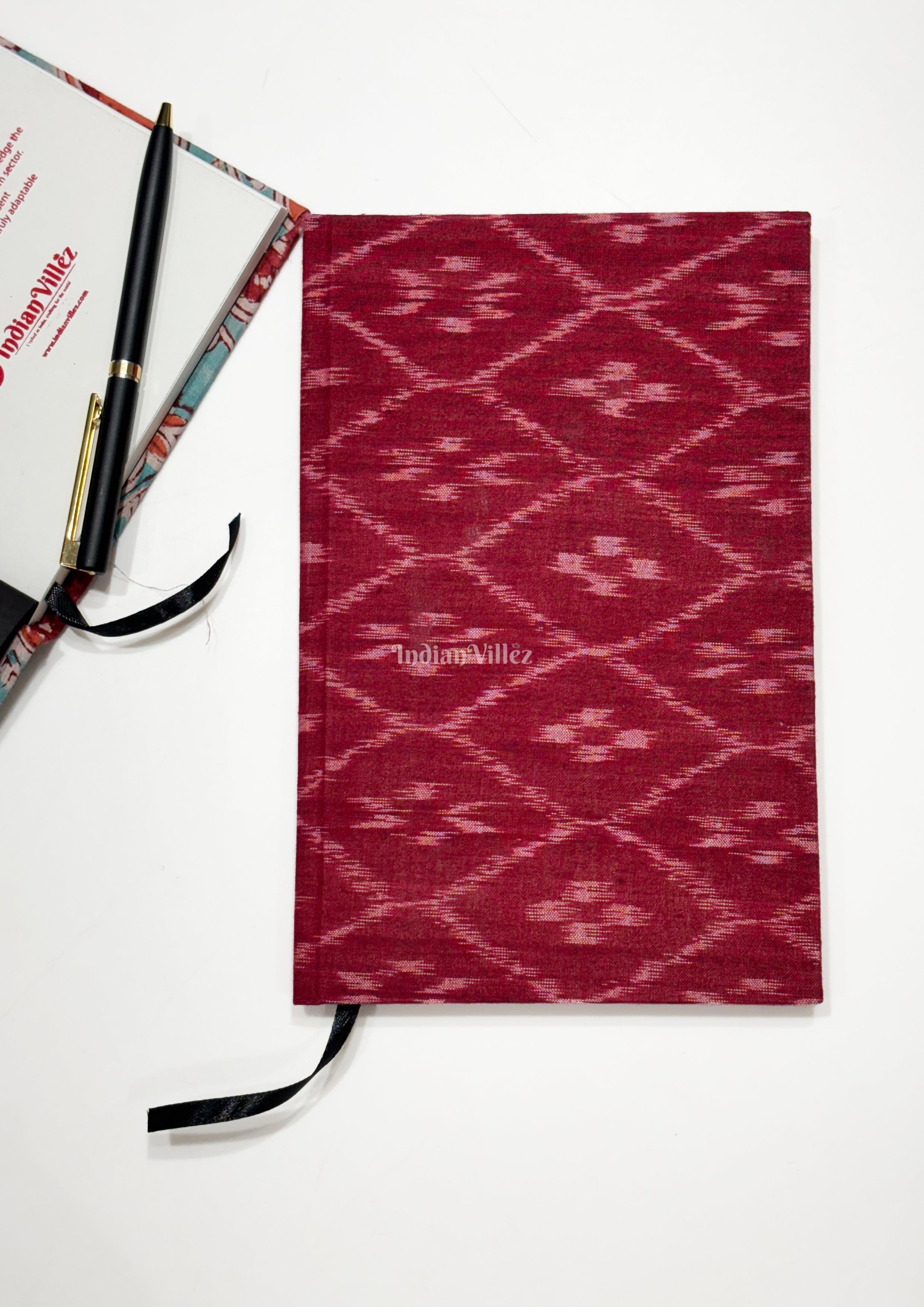 IndianVillèz Red Handmade Ikat Woven Cotton Fabric Cover Diary