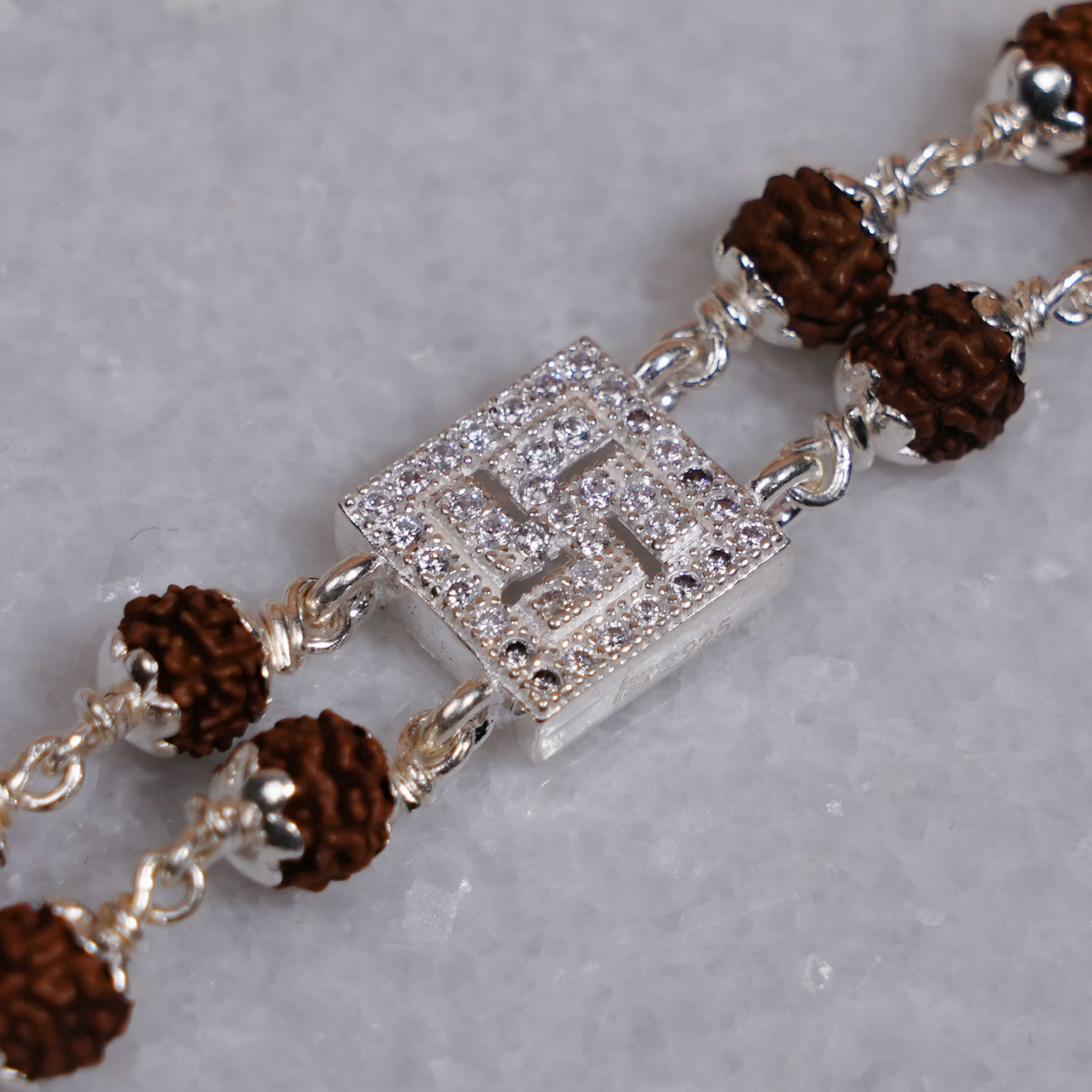 Prinjal Jewellers Rudraksha Silver Swastik in Diamond Square Double Line Bracelet