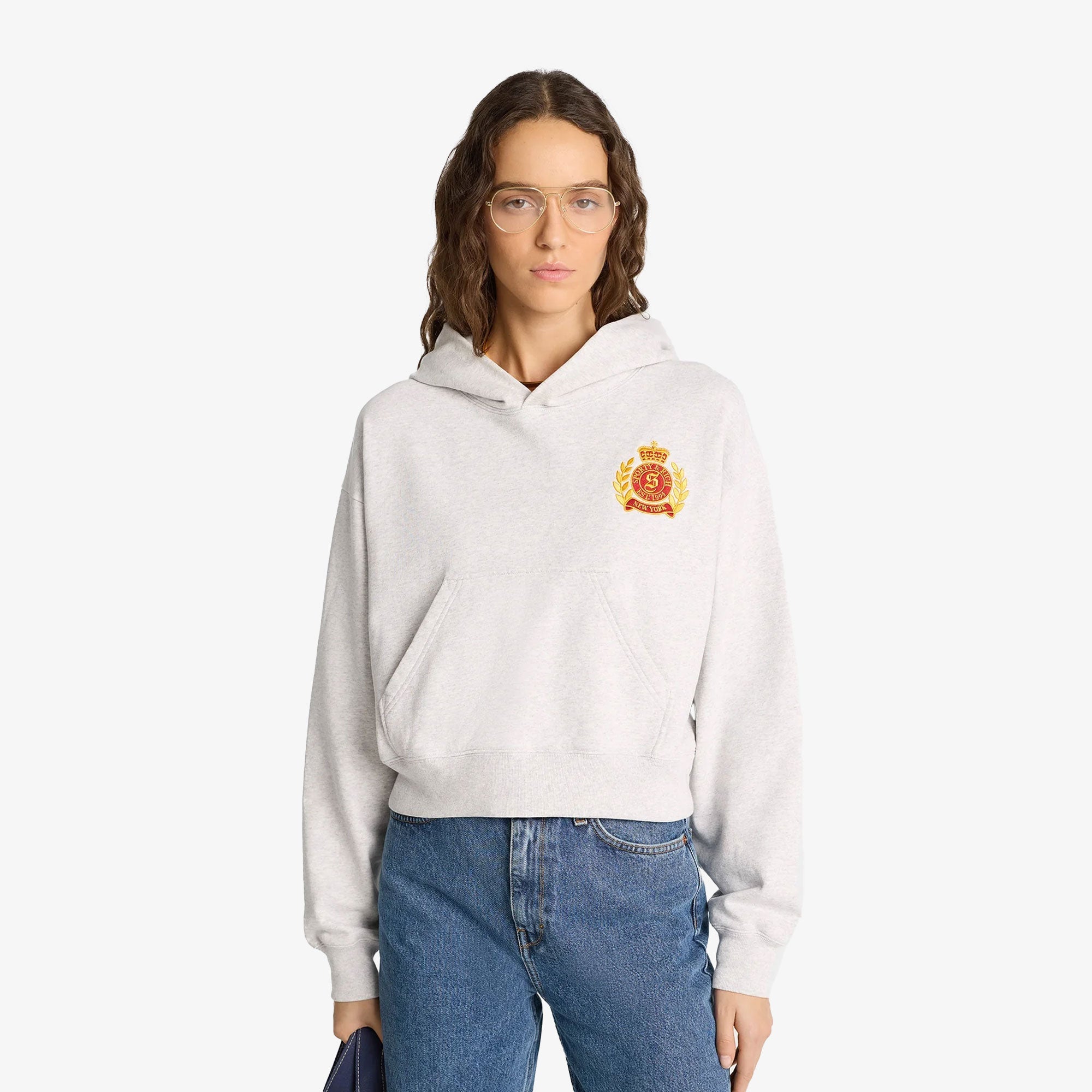 Sporty & Rich | Ny Crest Cropped Hoodie { Gray/gold