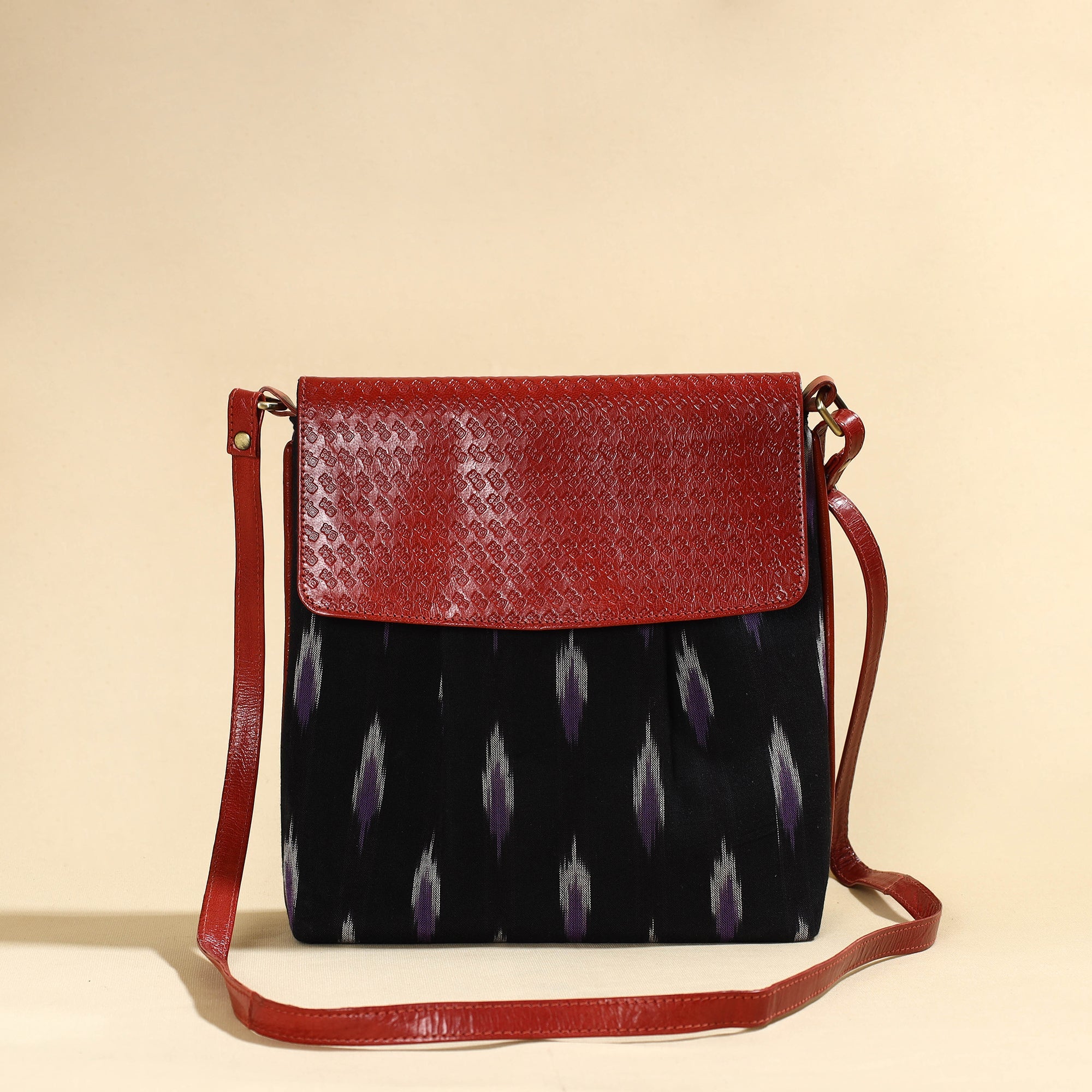 ASALKAAR Black - Handcrafted Ikat Fabric Sling Bag with Embossed Leather Flap - view 2