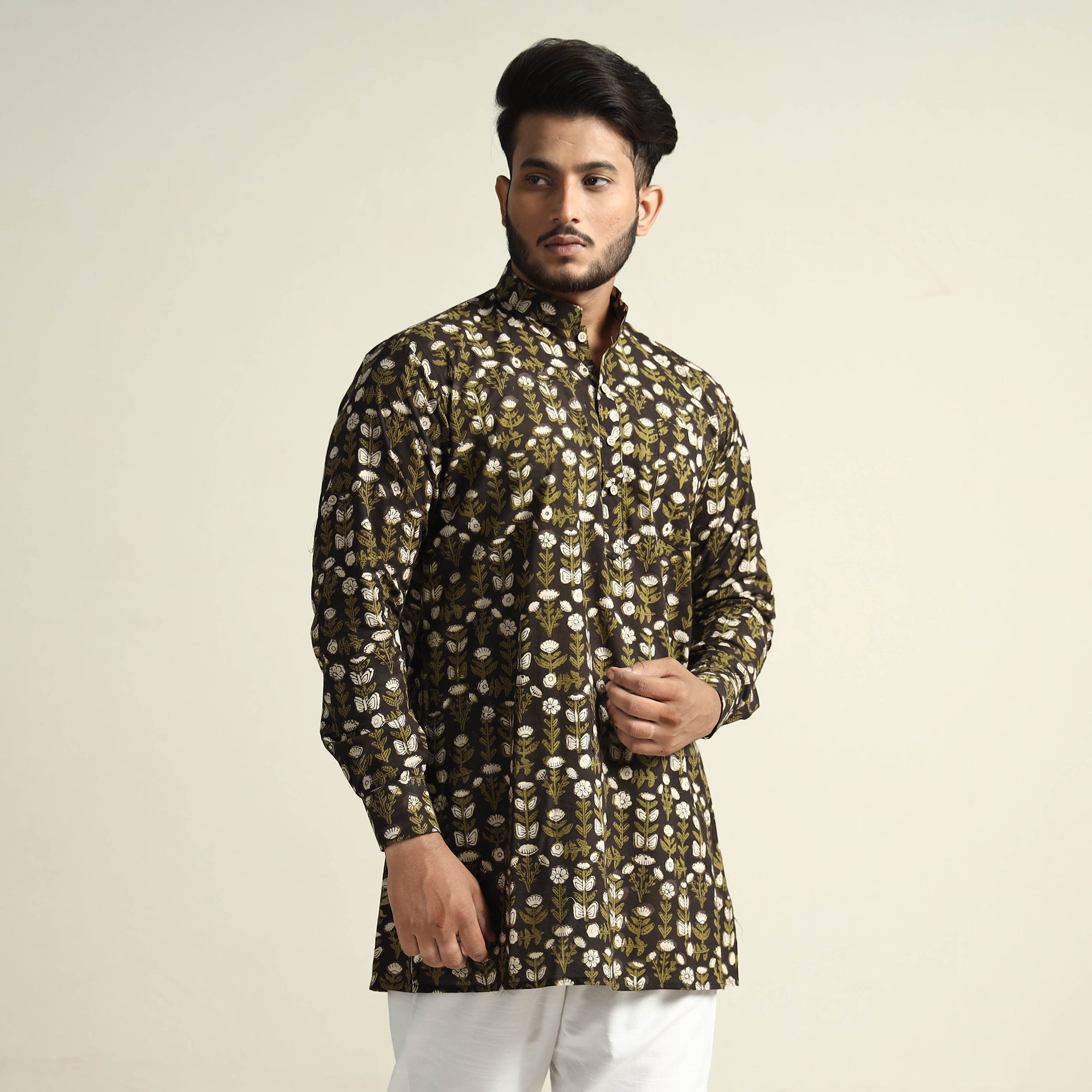 ITOKRI CASUALS Black & Green - Bagru Block Printed Cotton Men Short Kurta
