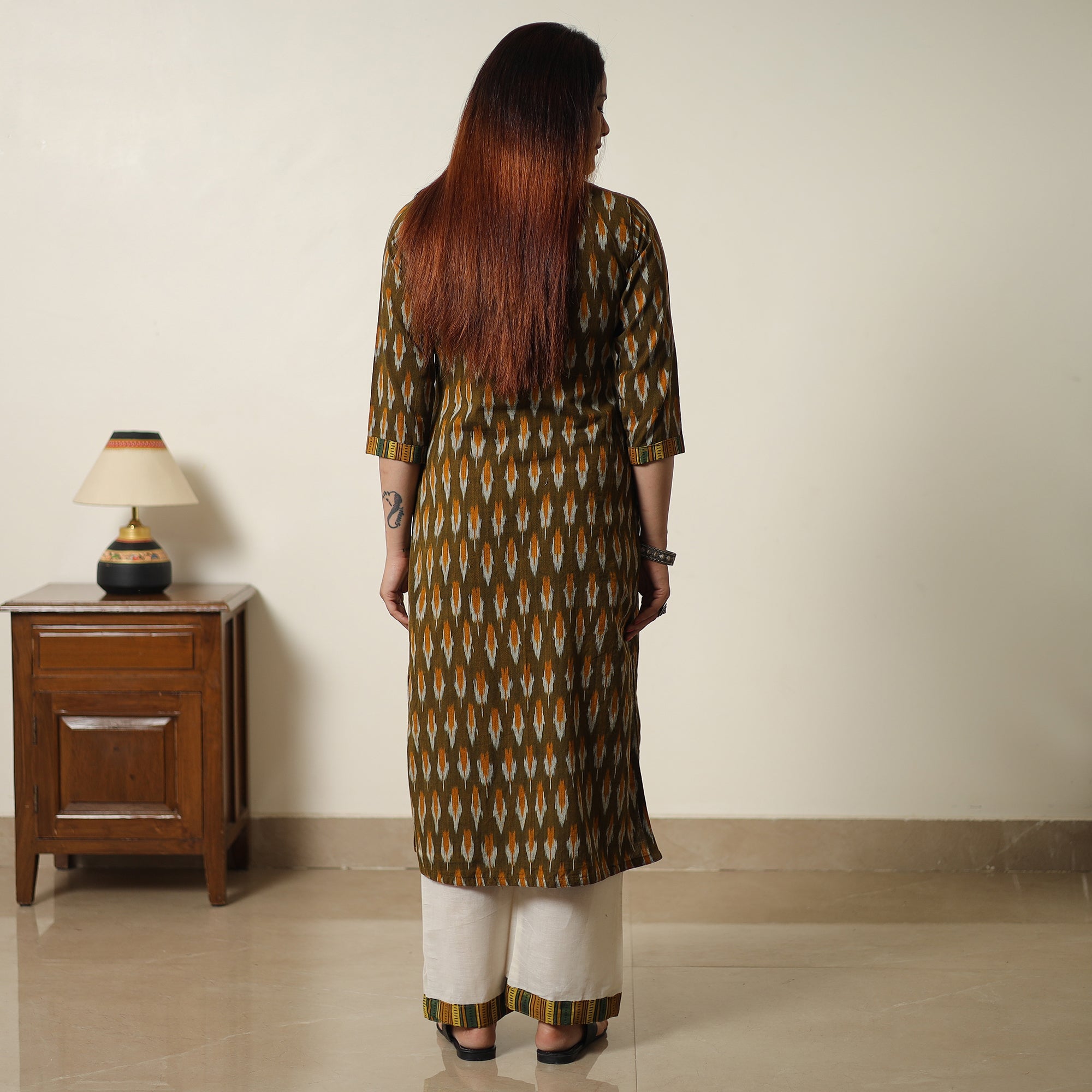 ITOKRI CASUALS Brown - Pochampally Ikat Weave Cotton Kurta with Palazzo & Dupatta Set 08 - view 8