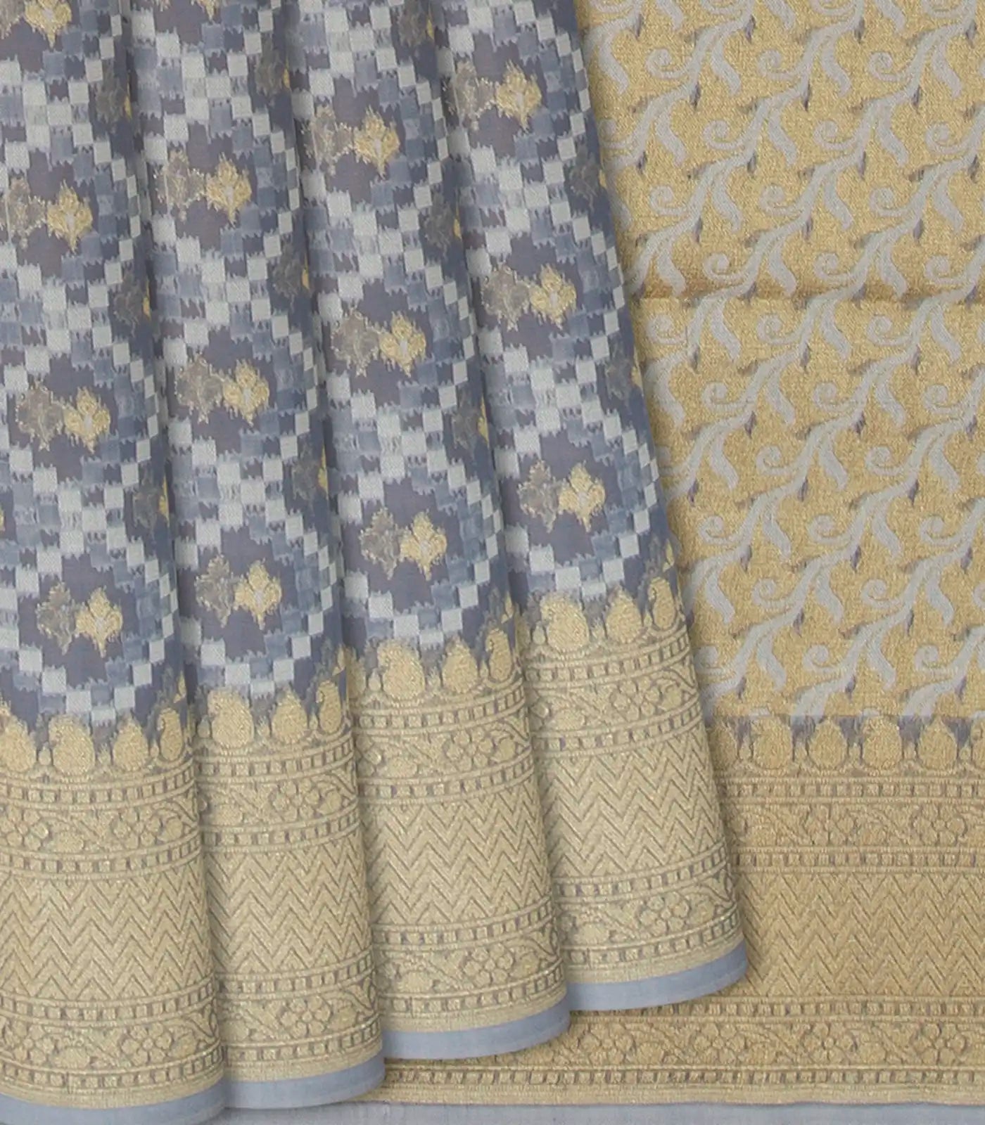 RmKV Grey Blended Banarasi Cotton Saree With Mango Motifs-Grey