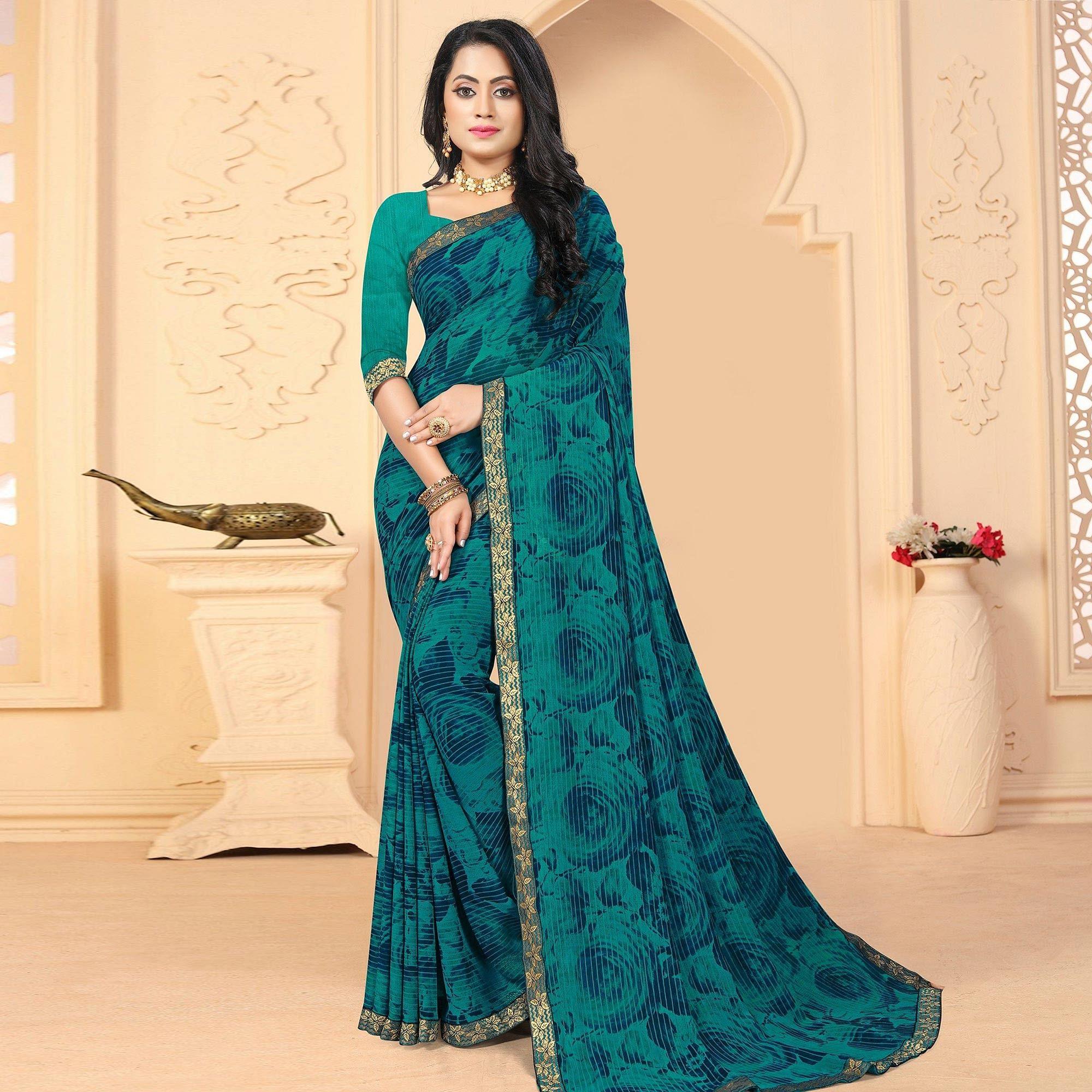 Green sarees – BlackTree green-festive-wear-floral-stripes-printed-work-georgette-designer-saree
