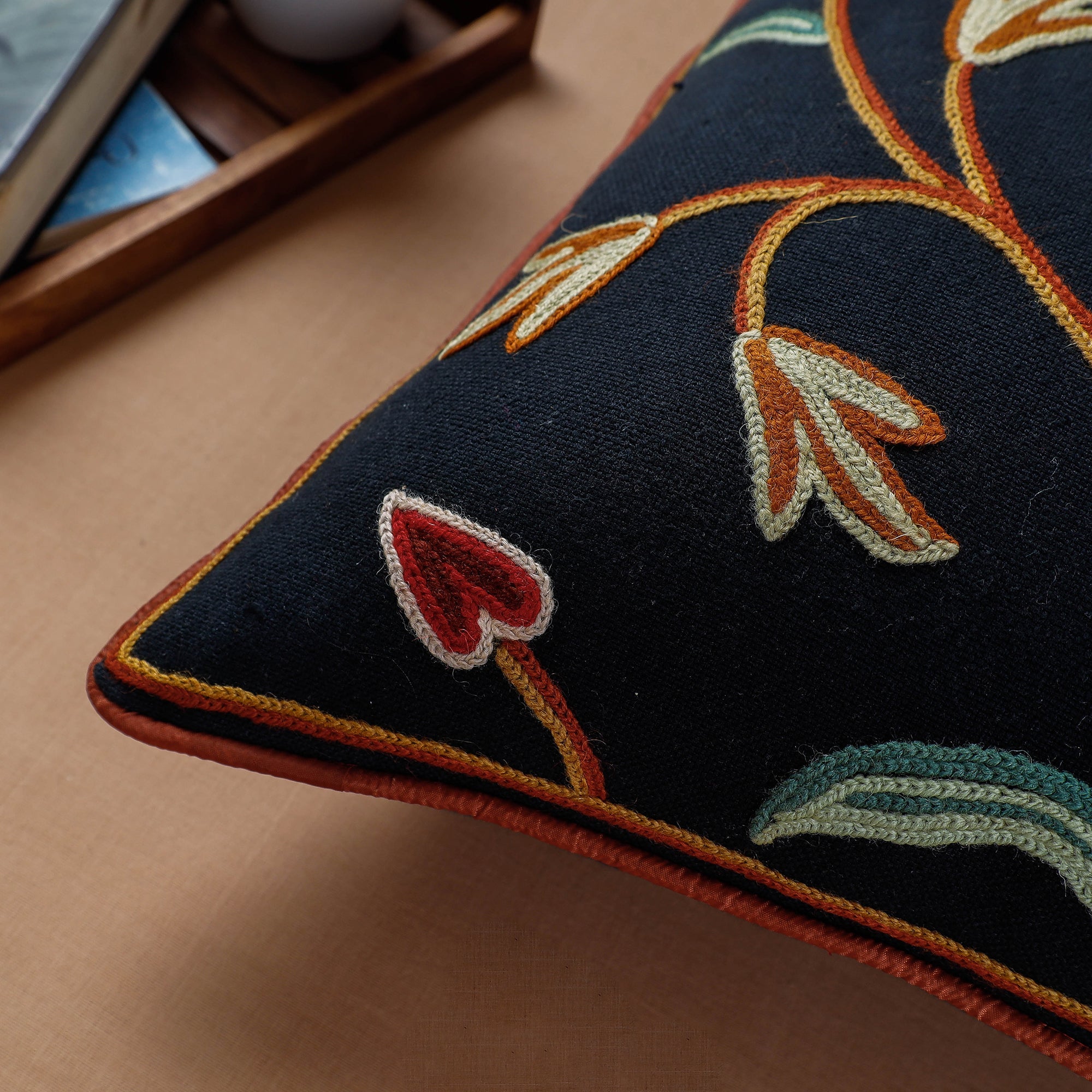 ITOKRI CRAFTS INITIATIVE Black - Aari Hand Embroidery Cotton Duck Cushion Cover (16 x 16 in) - view 2