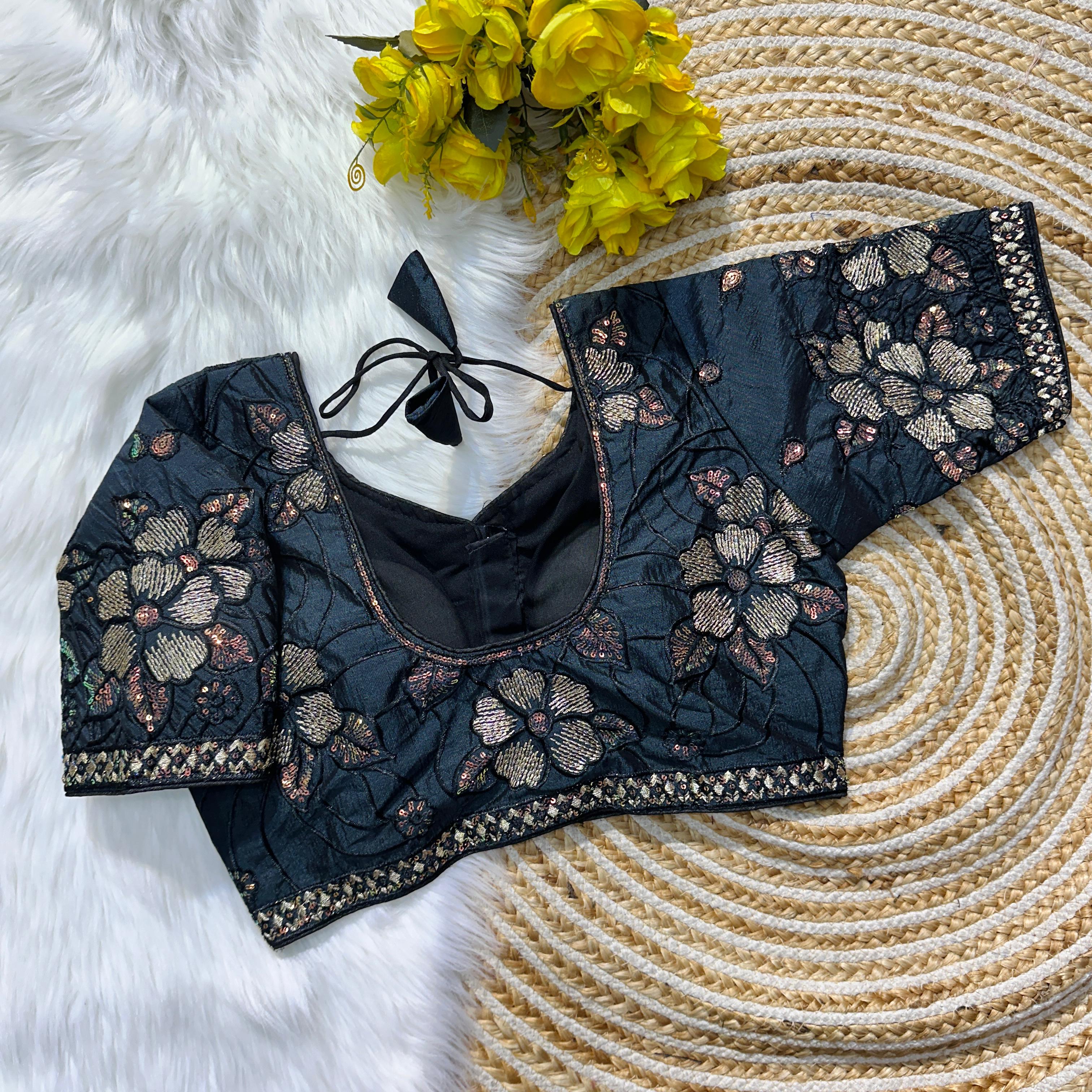 ClothsVilla Navy Blue Soft Silk Blouse with Beautiful Embroidery and Sequence Accents - view 2