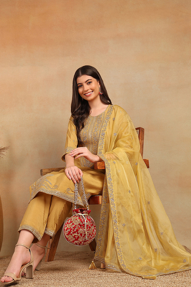 Ahika Golden Yellow Silk Blend Solid Embroidered Straight Trouser Bottom Suit Set PKSKD2520YLW - view 4