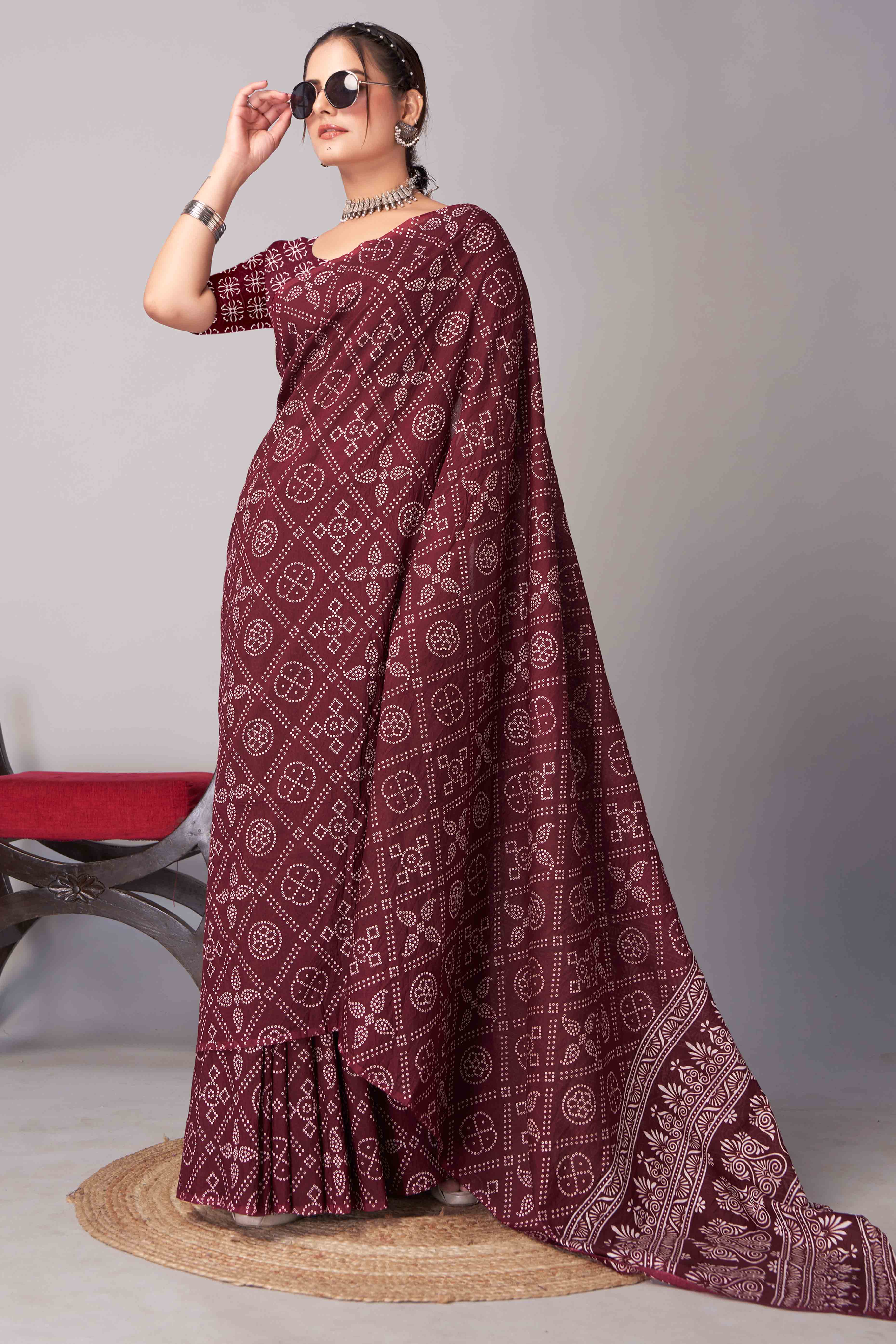 Peachmode Dark Maroon Ajrakh Printed Cotton Blend Saree